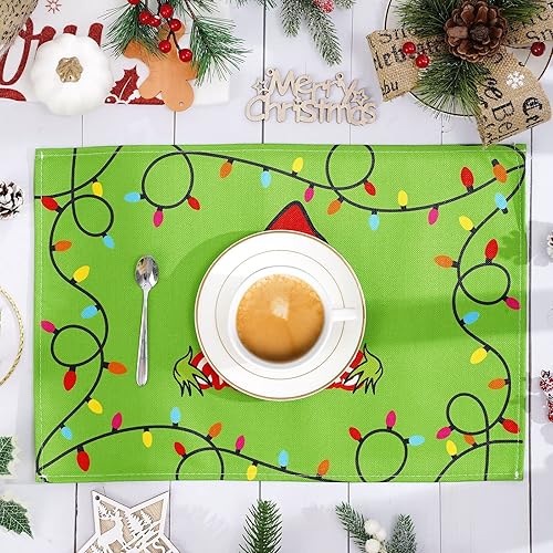 Miniatura 3 de Whaline 6 manteles individuales de Navidad de 12 x 18 pulgadas, divertidos personajes animados con patrón de luces coloridas de Navidad, manteles