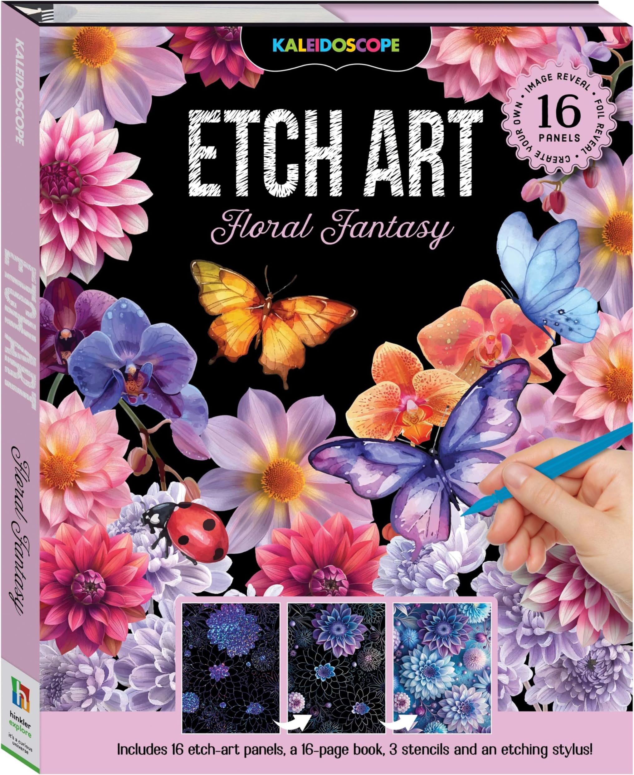 Kaleidoscope Etch Art Creations Floral Fantasy - Etch Art Kit with 16 Panels, Pen, Stencil and Guide - Creative Set for Kids 6-12 Years Old
