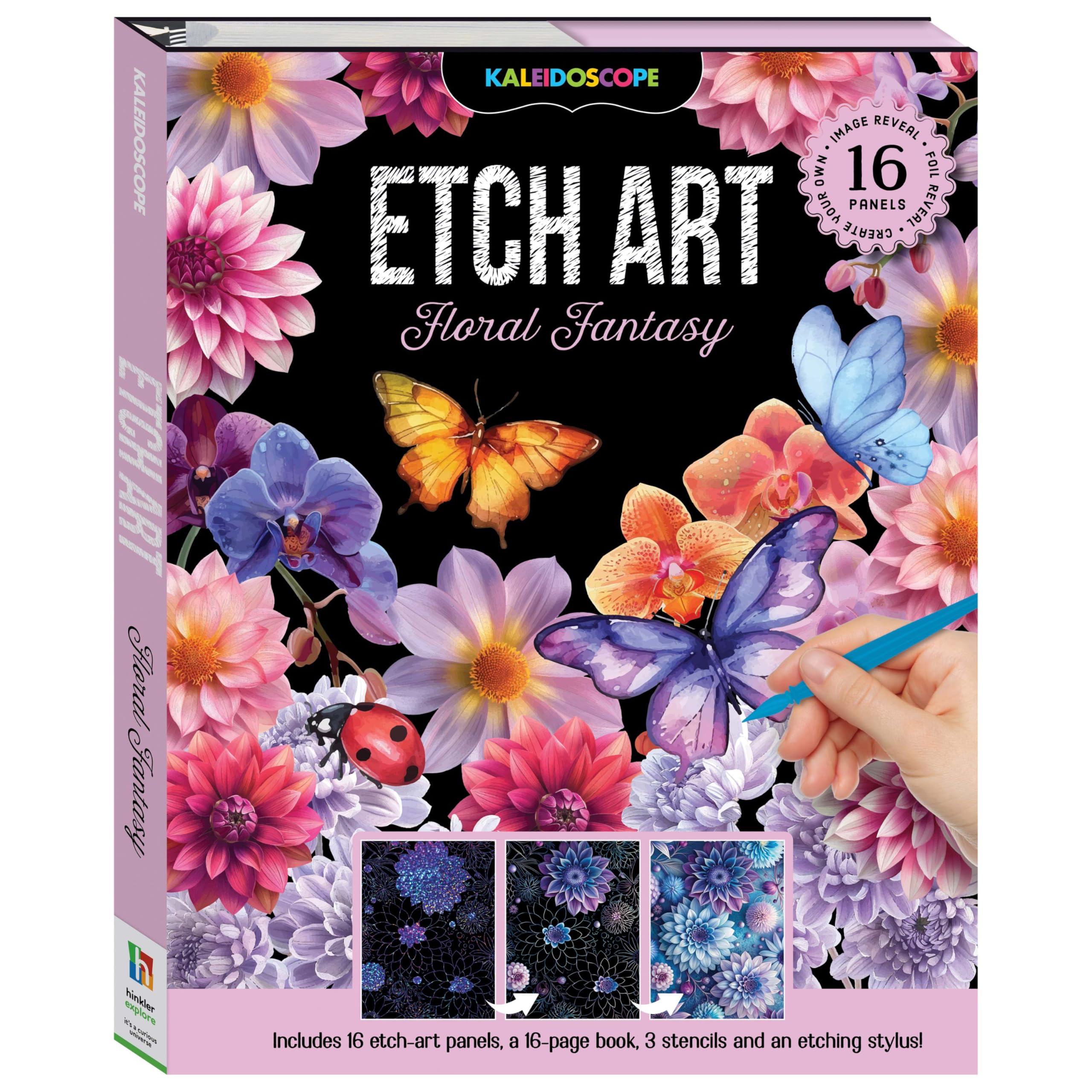 Kaleidoscope Etch Art Creations Floral Fantasy - Etch Art Kit with 16 Panels, Pen, Stencil and Guide - Creative Set for Kids 6-12 Years Old