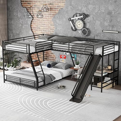 Bellemave Twin Over Full Bunk Bed Frame with Twin Size Loft Beds, Heavy Duty Triple Bunk Bed with Slide, Build in Ladder and Guardrail, L-Shaped Bunk Beds with Desk, Black