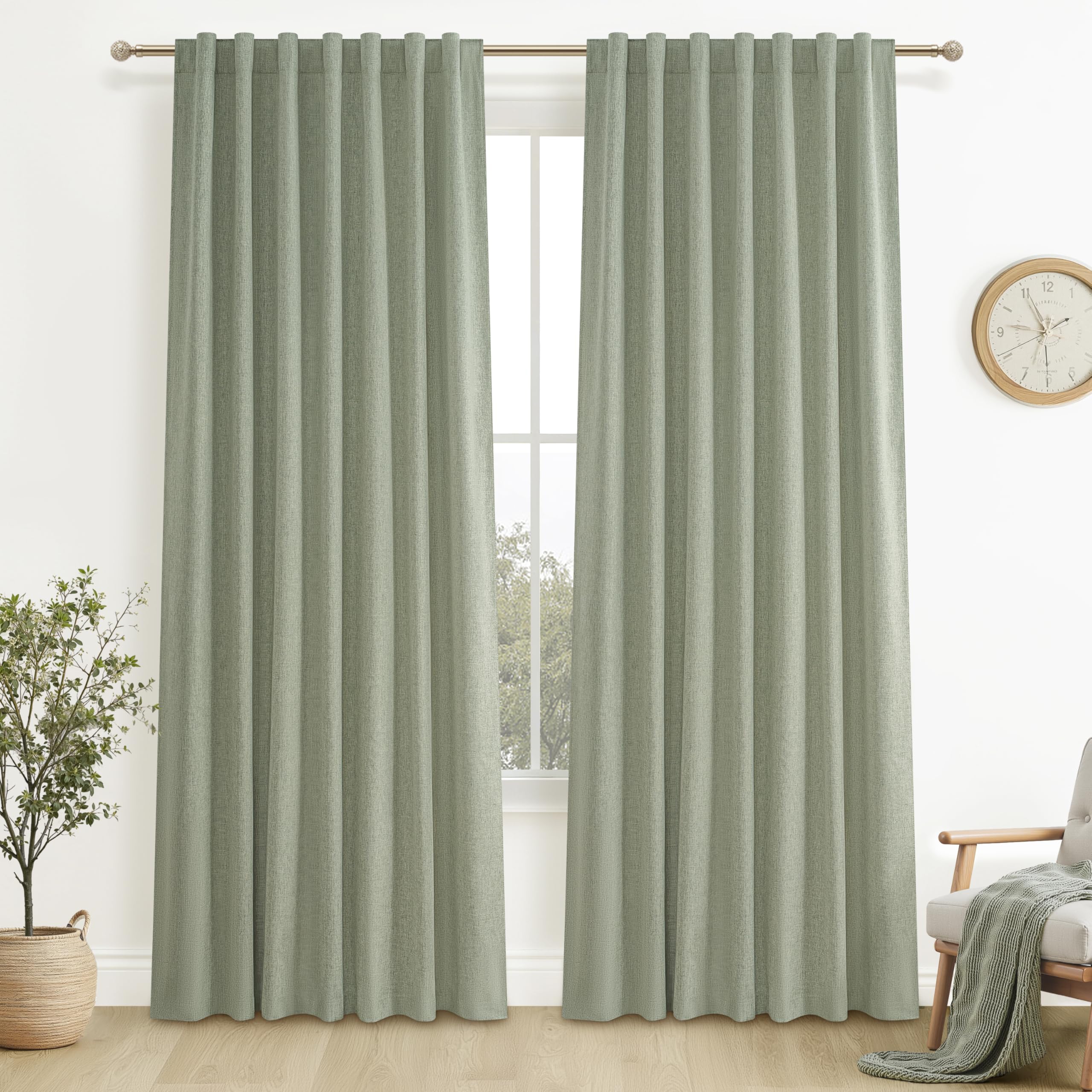 Sage Green Blackout Linen Curtains 90 Inches Long for Living Room Bedroom, Pleated Window Track Curtain with Pin Hooks Belt Boho Light Green Drapes Thermal Insulated (50"Wx90"Lx2Panels) Back Tab โ image 1