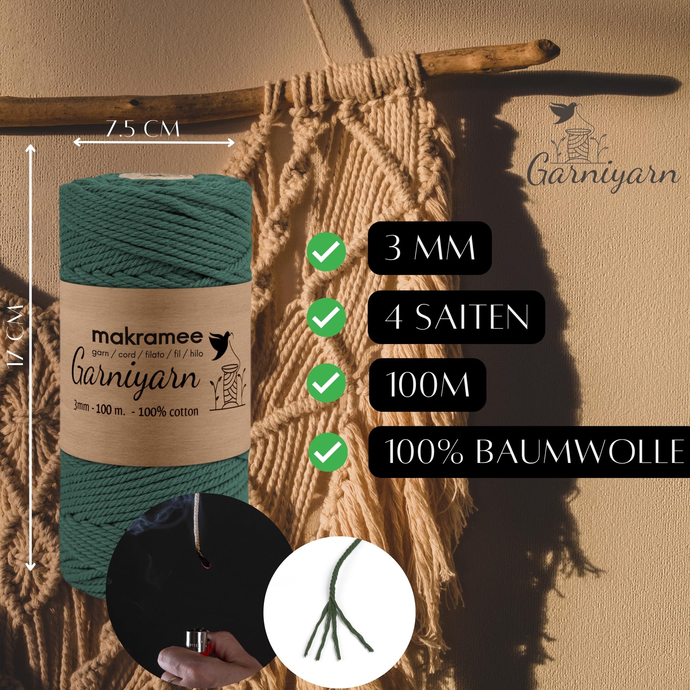 GARNIYARN Macrame Cord 3mm - Premium Cotton Rope for Christmas DIY Wall Hangings, Plant Holders & Rustic Decor - 100m - Christmas Tree - Image 3