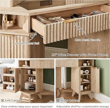 T4TREAM Fluted Makeup Vanity Desk with 3 Way Mirror and Lights, 48 Large Corner Vanity Table with Glass Top, Charging Station, 3 Drawers, Storage Cabinets & Shelves, for Bedroom, Natural Oak