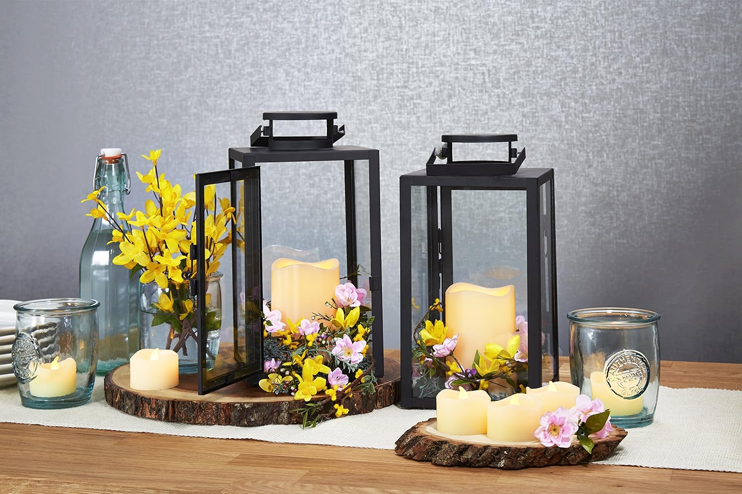 Exclusive Discount 70% Price Vintage Decorative Candle Lantern - Black Metal & Glass Paneled Tabletop Lanterns, Flickering LEDs, Indoor/Outdoor Use, Battery Operated, Garden Hanging Party Decor, Time & Remote Included - 2 Pack
