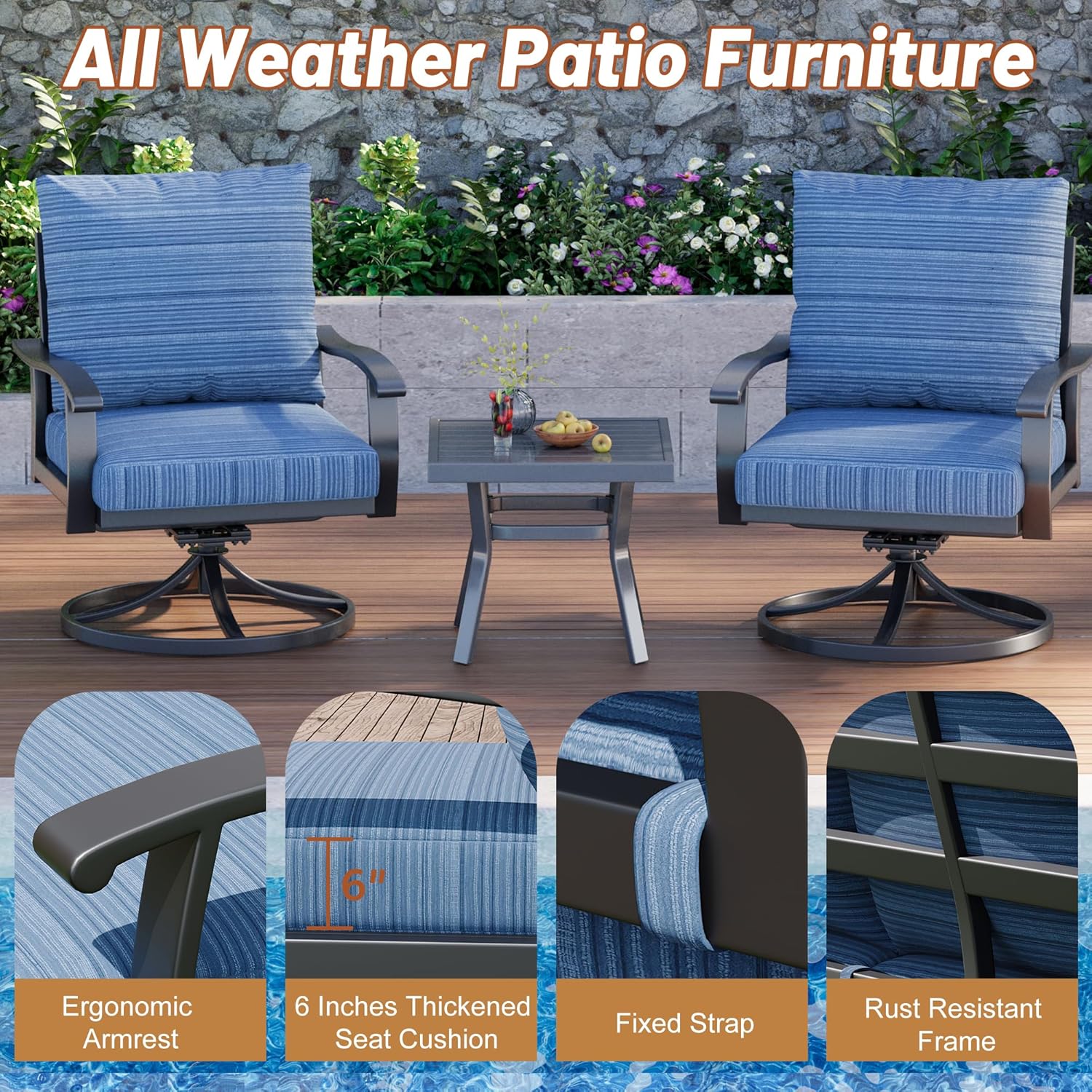 HOMREST Outdoor Swivel Rocker Patio Chairs with Coffee Table 3 PCS Bistro Set, 360 Degree Swivel Rocking Chair Patio Conversation Set with Thickened Cushions for Garden, Deck and Poolside