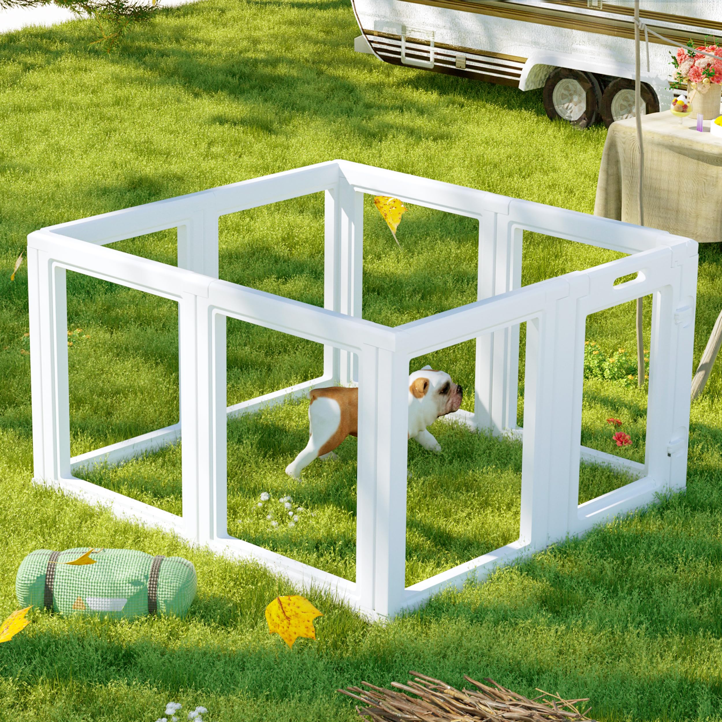 Citylife Parc pour Chien, Parc Chien Transparent 7+1 Panneaux, Chiot Pliable avec Porte Verrouillable, Enclos Chat Lapin Interieur Extérieur, Antidérapant, Blanc, 120x120x60cm