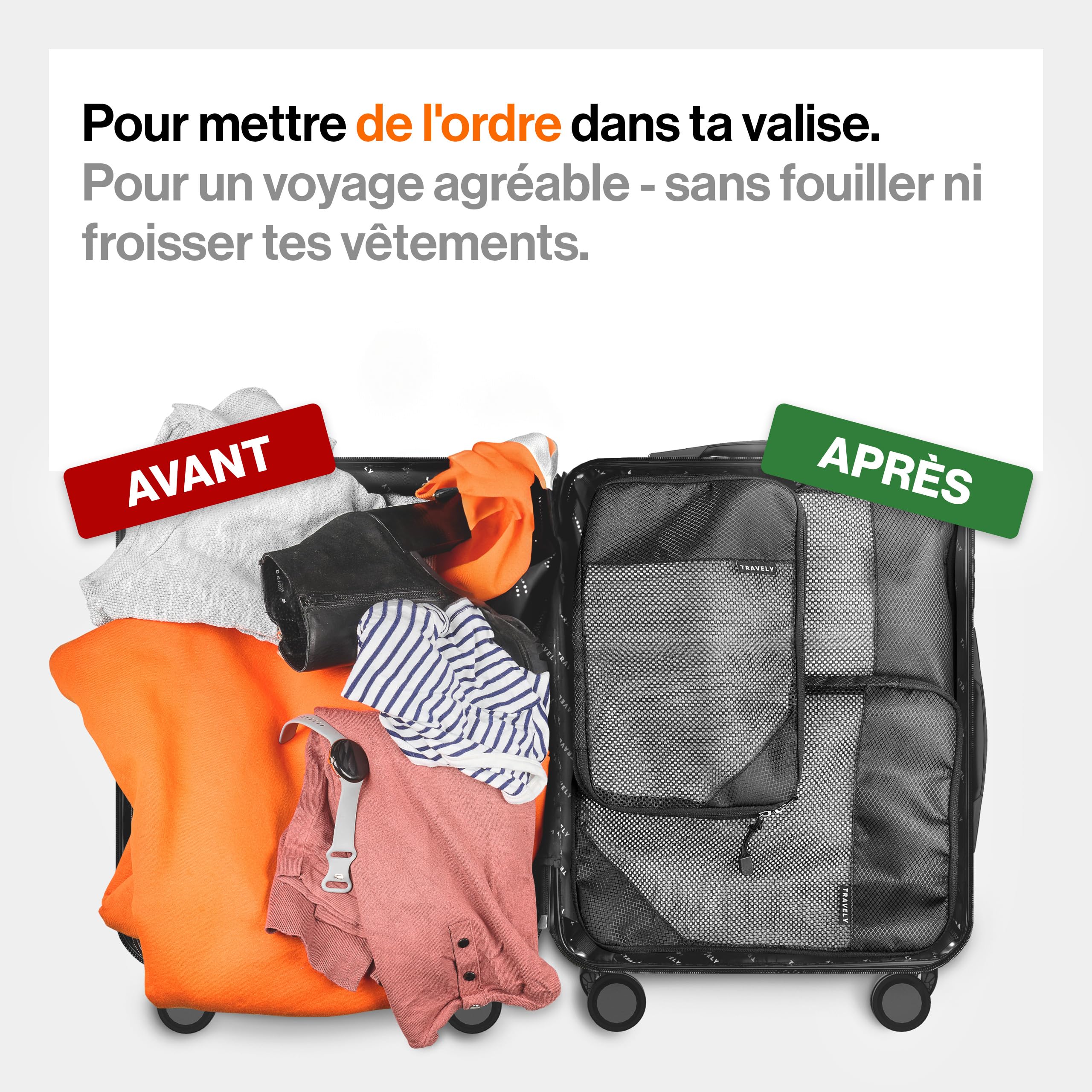 TRAVELY Sac de compression voyage - Set de 8 pièces - packing cubes compression - organisateur valise compressible - rangement valise compression - organisateur sac voyage