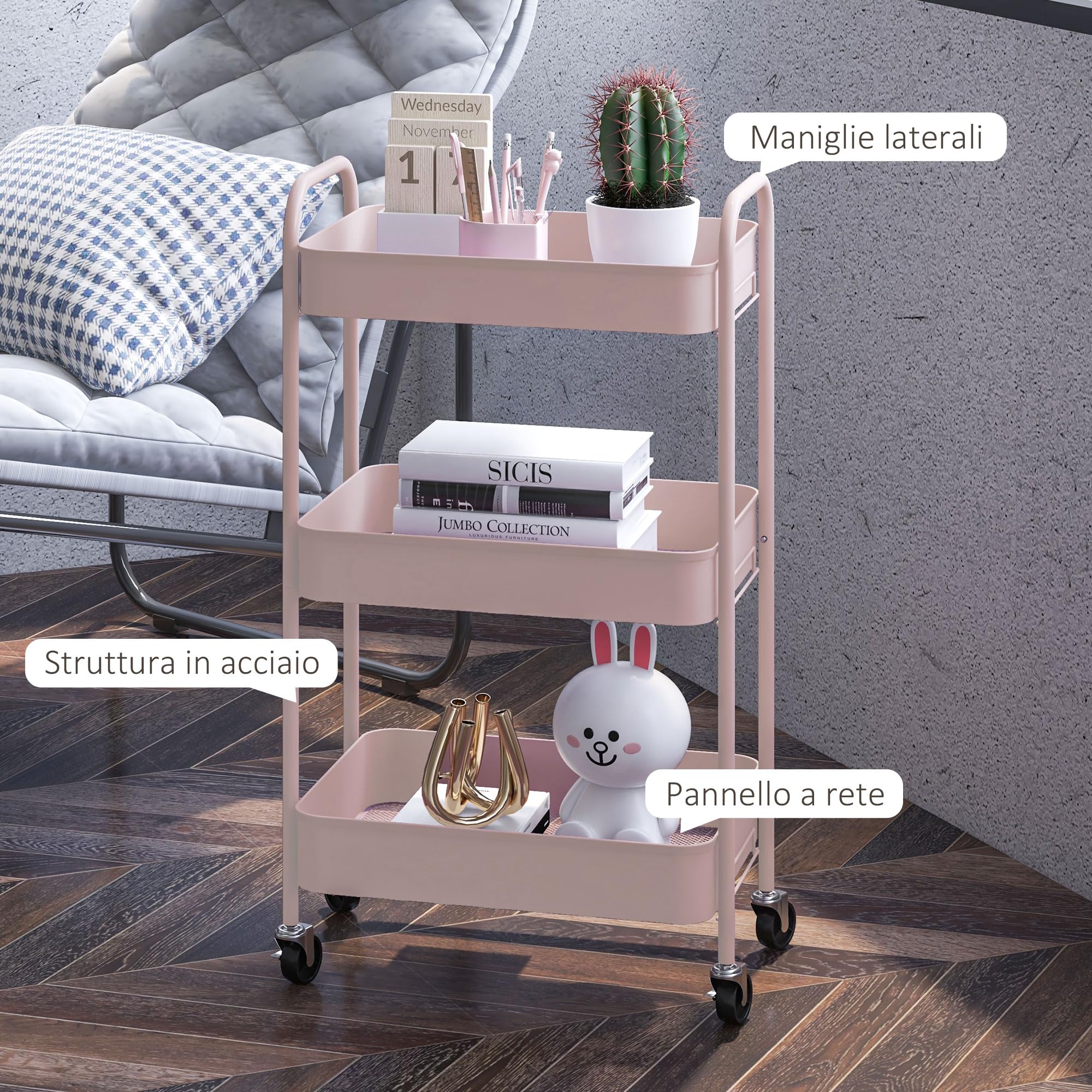 HOMCOM Carrello da Cucina a 3 Livelli con Maniglie e 4 Rotelle, Carrello Portaoggetti in Acciaio, per Ufficio, Soggiorno, Cucina, 45x30.6x79 cm, Rosa