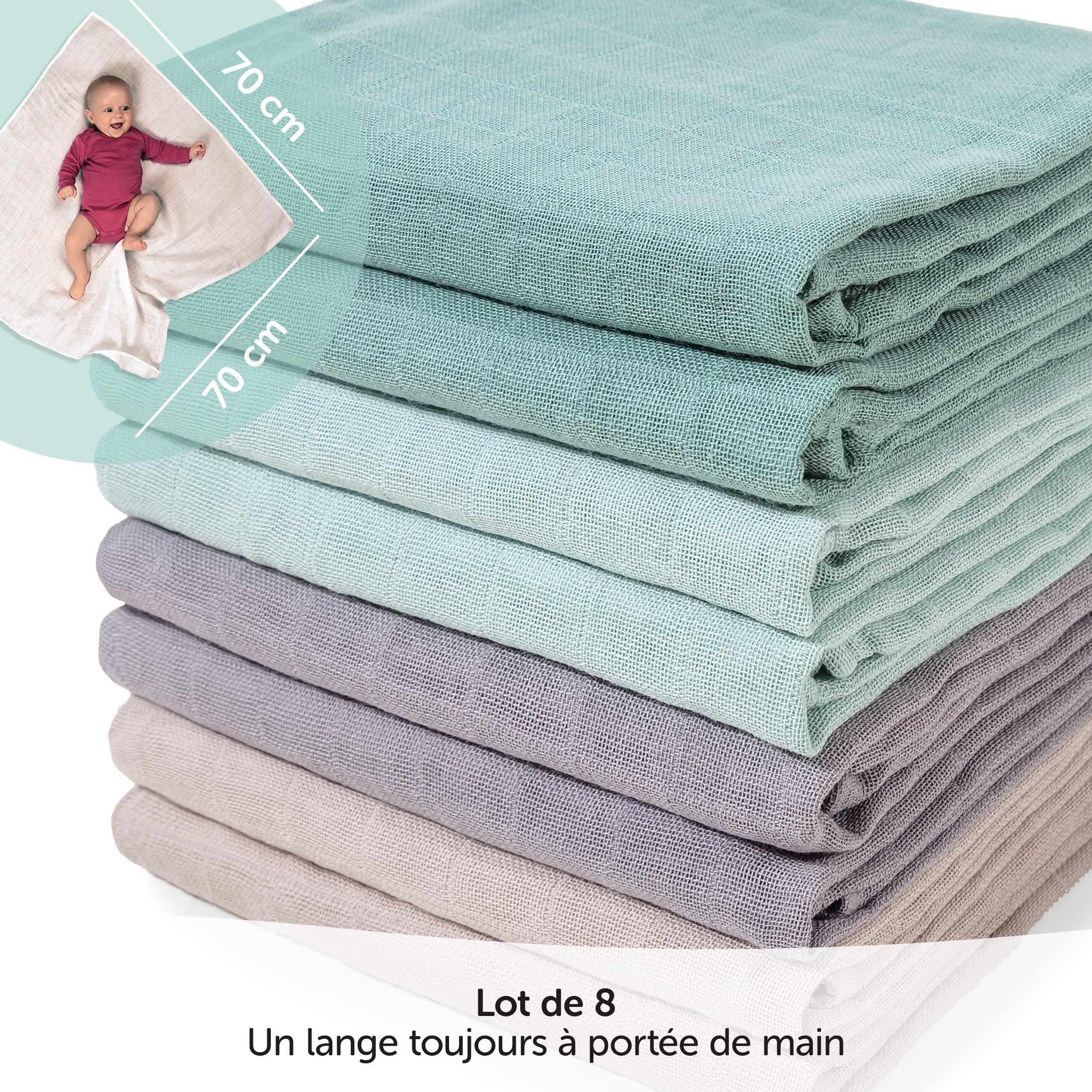 MAKIAN Lot de 8 x Lange Bebe Gaze de Coton 70x70 cm | Vert Glace, Menthe, Beige, Taupe I Certifiés OEKO-TEX Standard 100 I 8 Mousselines Double Gaze – Qualité Premium