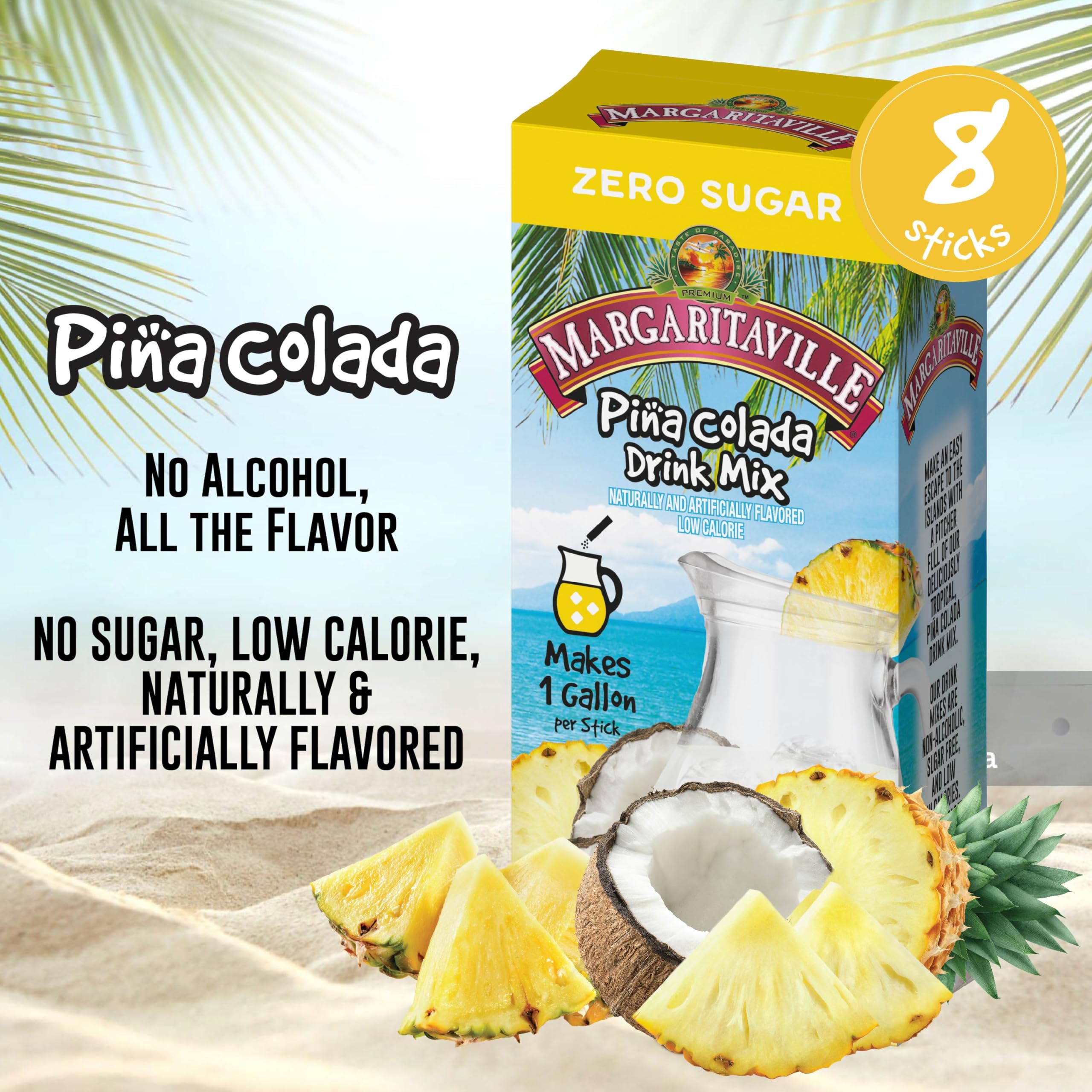 Margaritaville Gallons to Go Powdered Drink Mix, 8-Count Box– Pina Colada – Low Calorie and Zero Sugar Drink Mix, Each Stick Makes 1 Gallon-Sized Pitcher