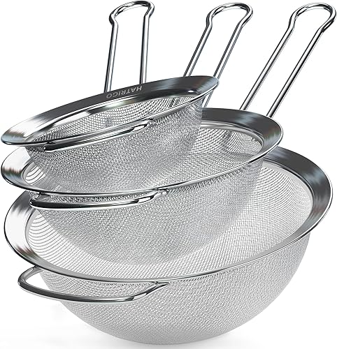 Juego de 3 coladores de malla fina de acero inoxidable, 5 pulgadas, 7 pulgadas, 8 pulgadas de diámetro para cocina, colador de metal para alimentos,