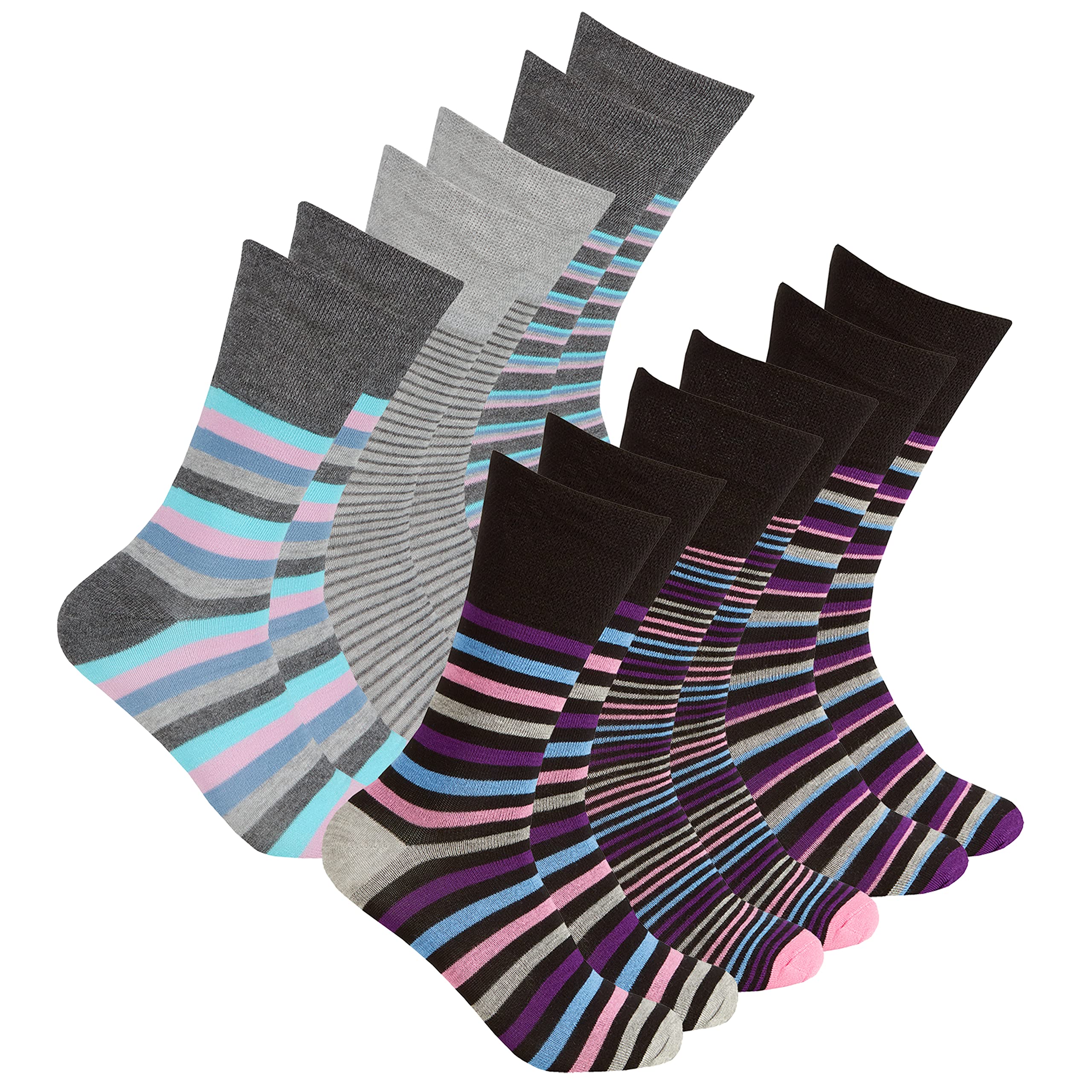 Metzuyan Ladies Womens Diabetic Non Elastic Bamboo Socks Loose Top Striped 4-8