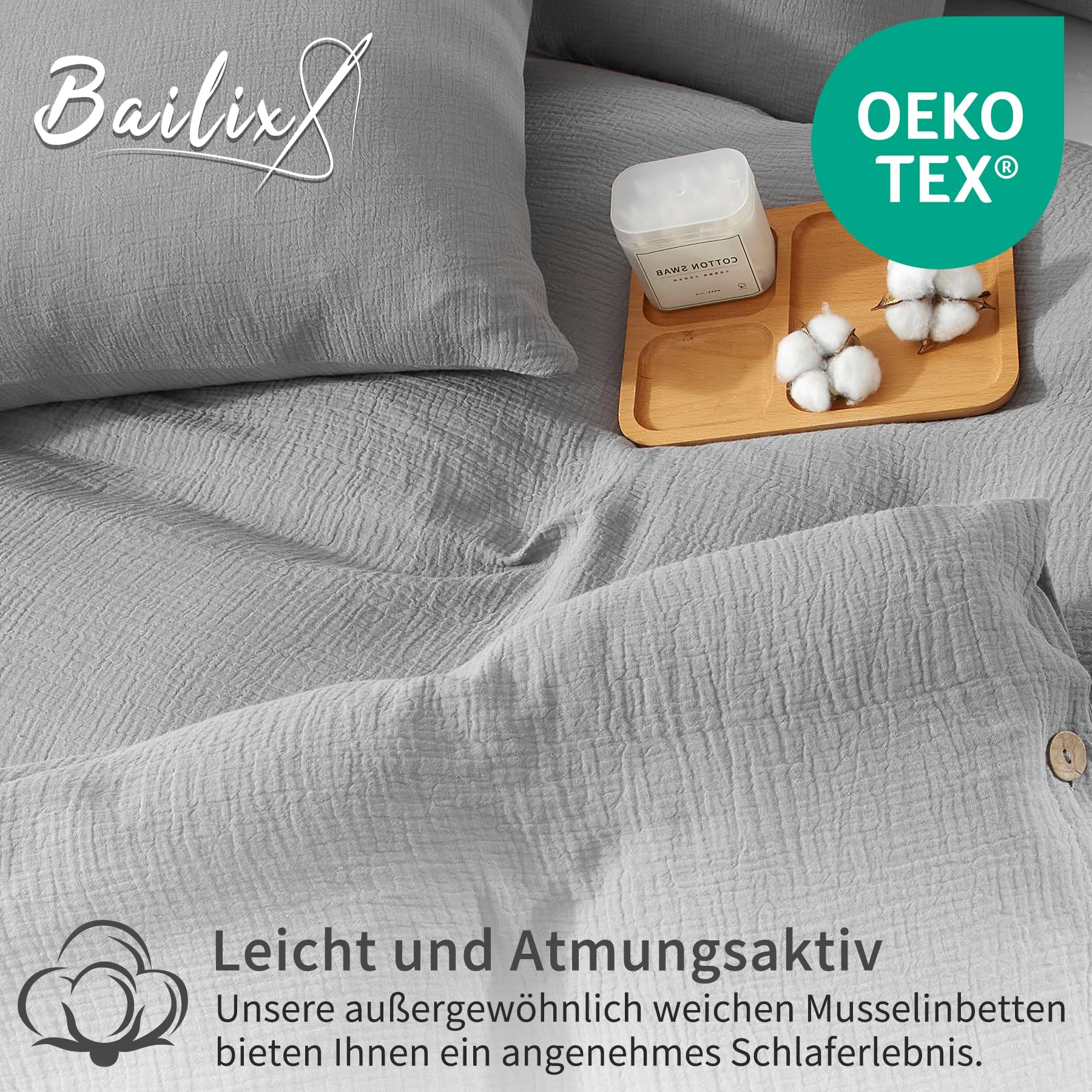 Bailix Juego de ropa de cama de muselina de alta calidad, 135 x 200 cm, 4 piezas, 100 % algodón, transpirable y no necesita planchado, 2 fundas nórdicas de 135 x 200 cm y 2 fundas de almohada de 40 x