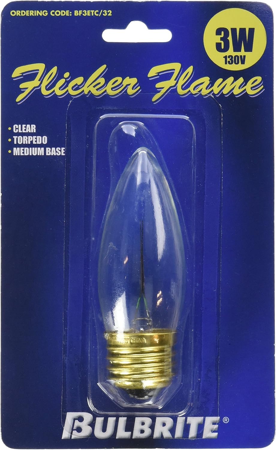 Bulbrite BF3ETC/32 Medium Base, 130V 3-Watt Incandescent Torpedo Chandelier Flicker Bulb, Clear