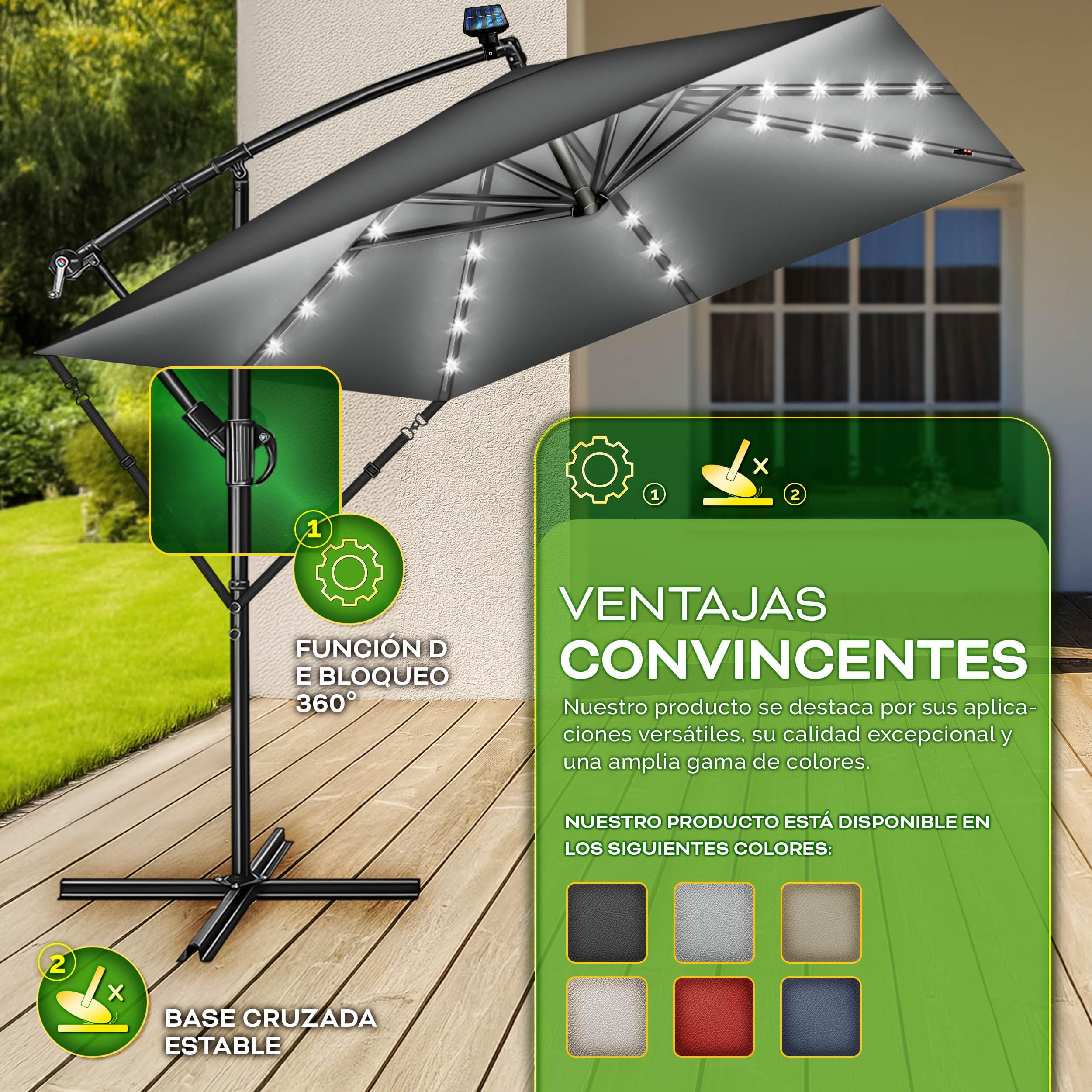 tillvex® Sombrilla de Jardín Rectangular Ø 330 cm con Manivela + Funda con Manivela | Sombrilla Terraza con Protección Viento | Parasol mercado impermeable + Protección UV