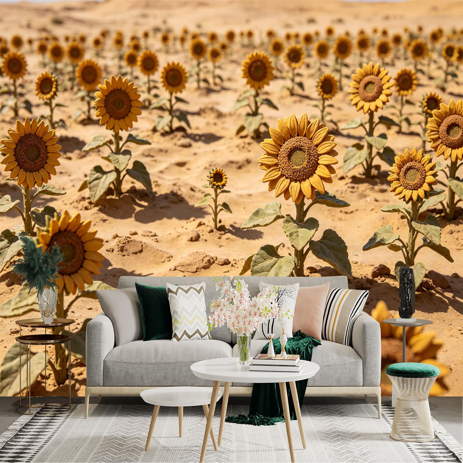 Lnzczhyre Dbh260521825 Custom Size Wall Sticker Mural， Golden Sunflowers In Desert Landscape， Nature Floral Scene， Warm Sand Backdrop， For Wall Decoration， Peelandstick Wall Decals.