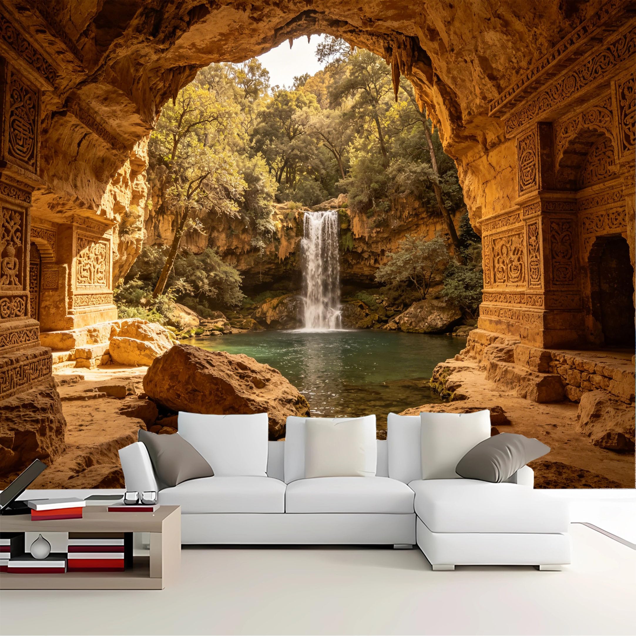 Custom Size Wall Mural Cave View Ancient Waterfall Removable Self Adhesive Peel and Stick Wallpaper for Bedroom Living Room Dining Room