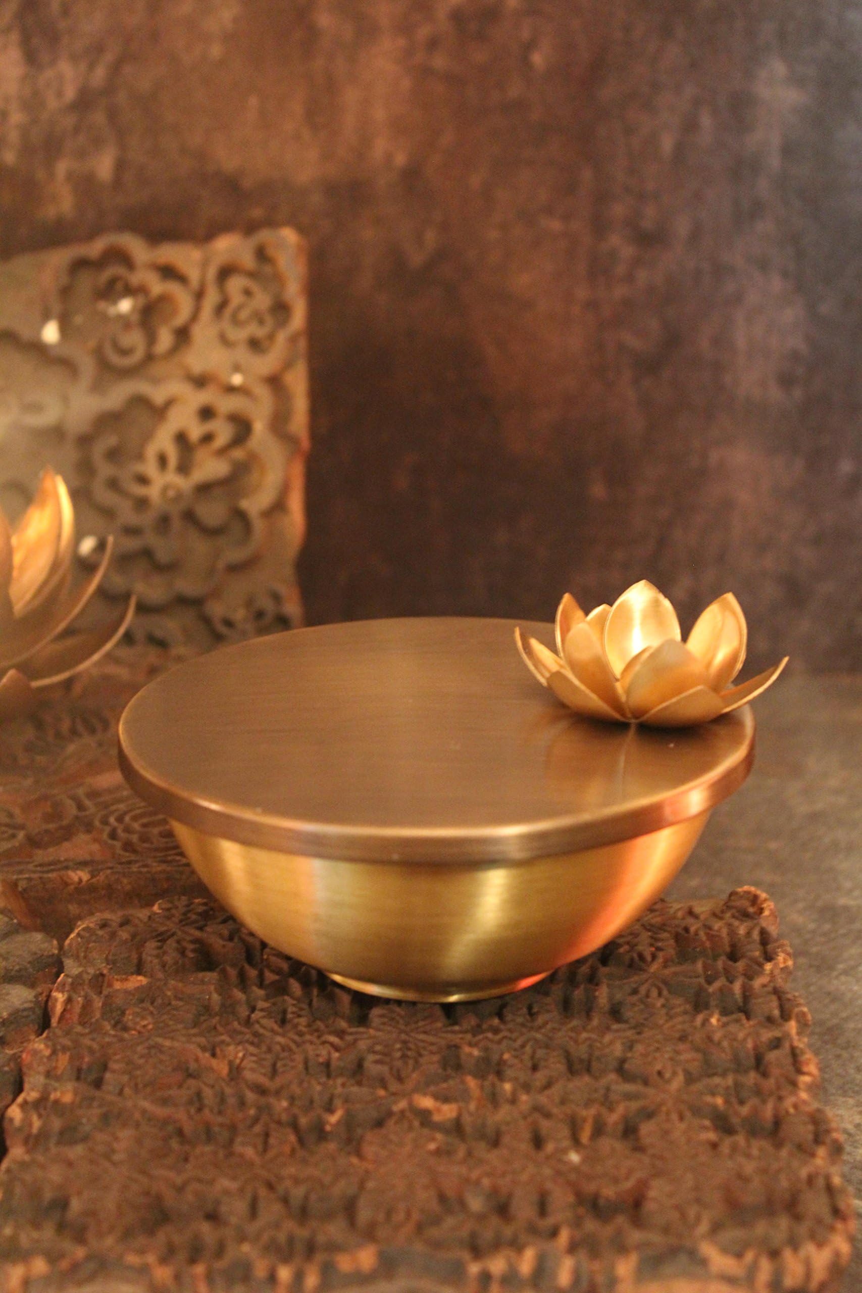 Ganga Patra Bowl (Large)- Courtyard Pure Brass Gold Antique Lotus Nut/ Serving Bowl | Brass Serving Bowl for Hosting/ Snack Bowl/ Sweets & Savories Dish | Handcrafted Pooja & Mandir Samagri/ Prasad Container| Classic Festive/ Puja & Wedding Utility Gift & Ornate Giveaway | Traditional Multipurpose Serving Organiser |Capacity ABC ml /container