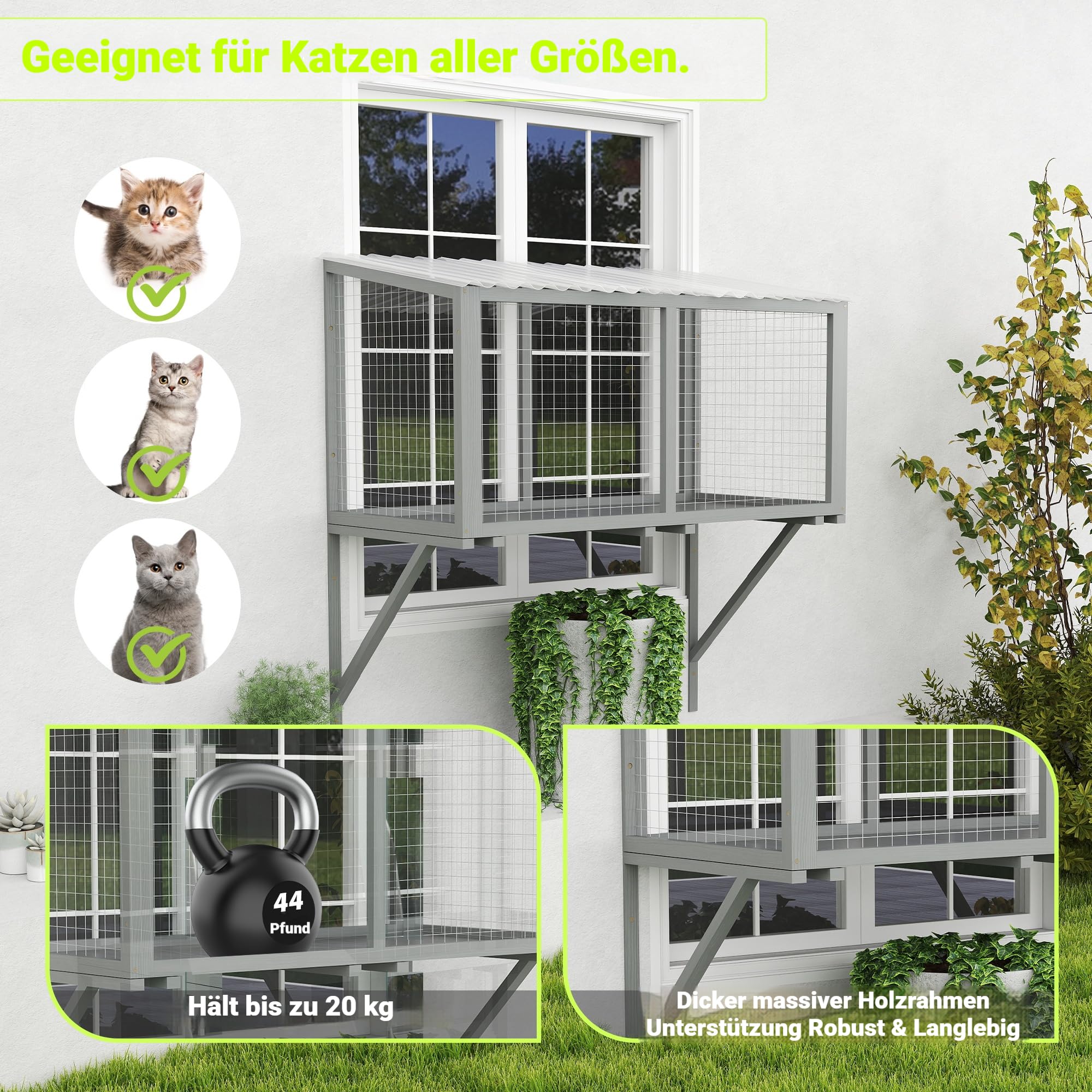 Outdoor Katzenfenster Catio aus Holz – Wetterfester Katzen-Fensterkasten mit verzinktem Drahtgitter & PVC-Dach, Große Aussichtsplattform für Katzen, Stabil an der Wand montierbar (Dunkelgrau)