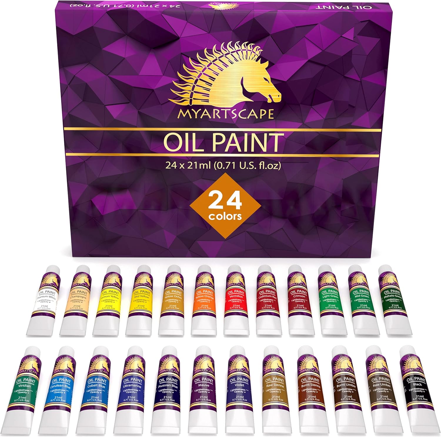 MyArtscape Oil Paint Set - 24 x 21ml Tubes - Artist Quality - Rich Vivid Oil-based Colors - Lightfast - Heavy Body - Great Saturation - Glossy Finish - Professional Painting Supplies