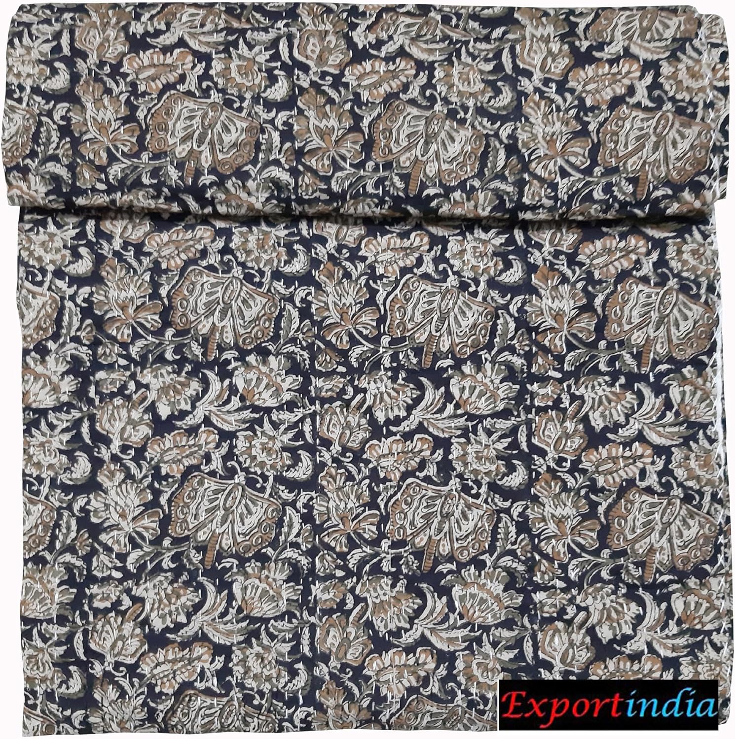 Exportindia Indian Hand Block Bagru Print Butterfly Kantha Quilt - 100% Hand Made Soft Cotton King/Queen Size 90x108 Inch