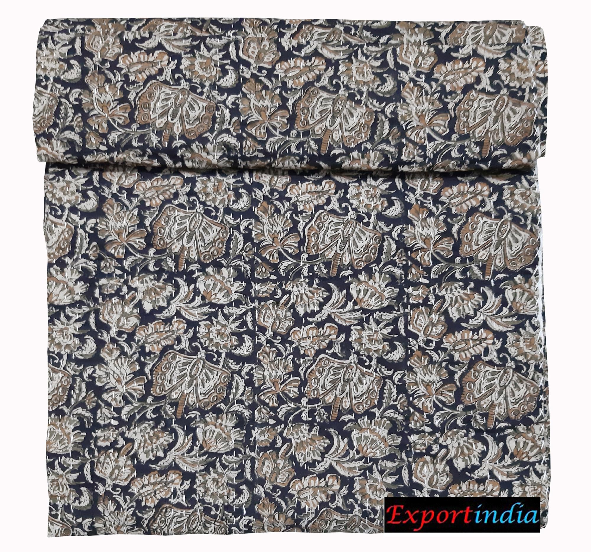 Exportindia Indian Hand Block Bagru Print Butterfly Kantha Quilt - 100% Hand Made Soft Cotton King/Queen Size 90x108 Inch