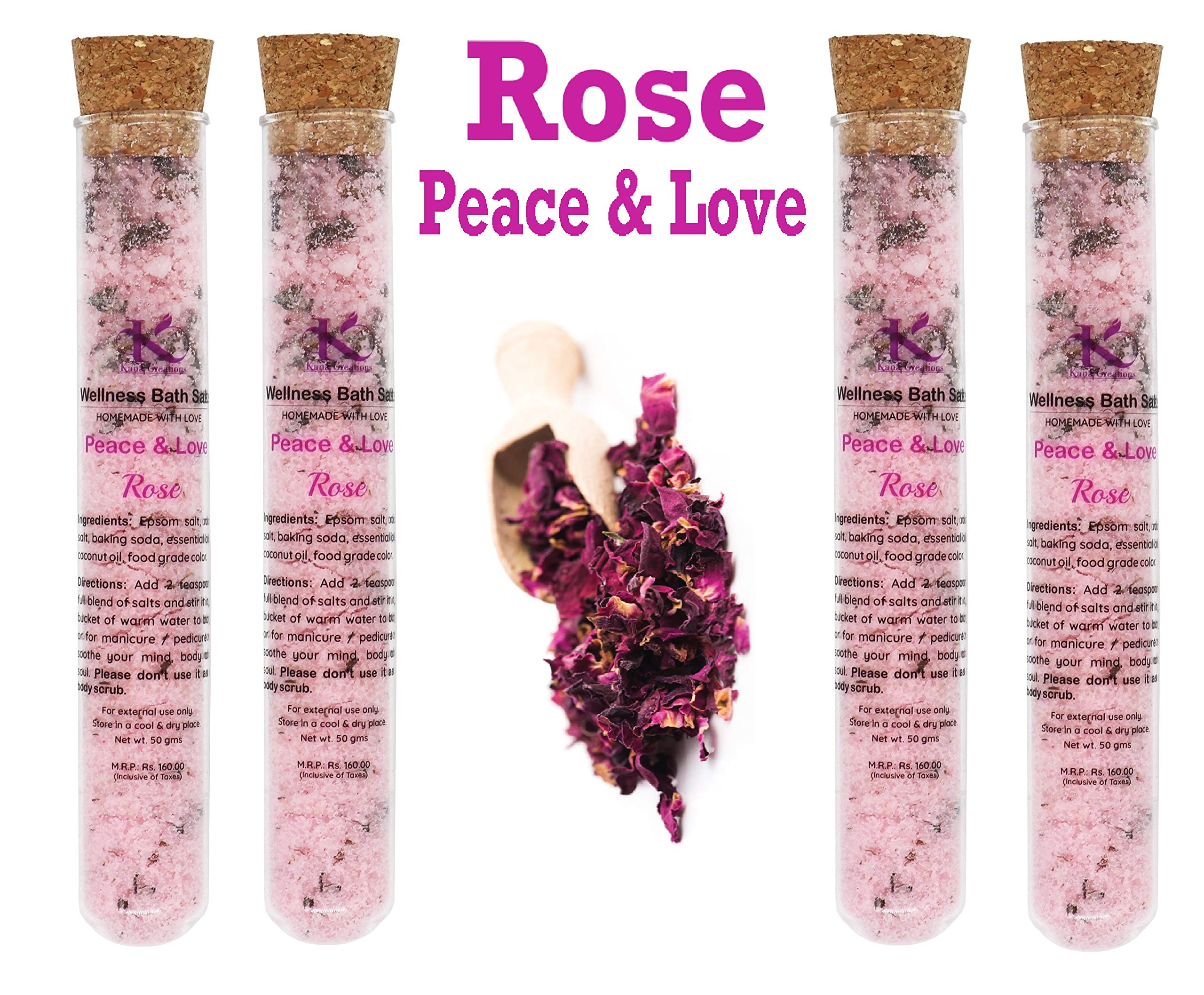 Kana CreationsWellness Hand Made Organic Bath Salts, Rose for Peace & Love, 200gms, Glass Tubes 4x50gm