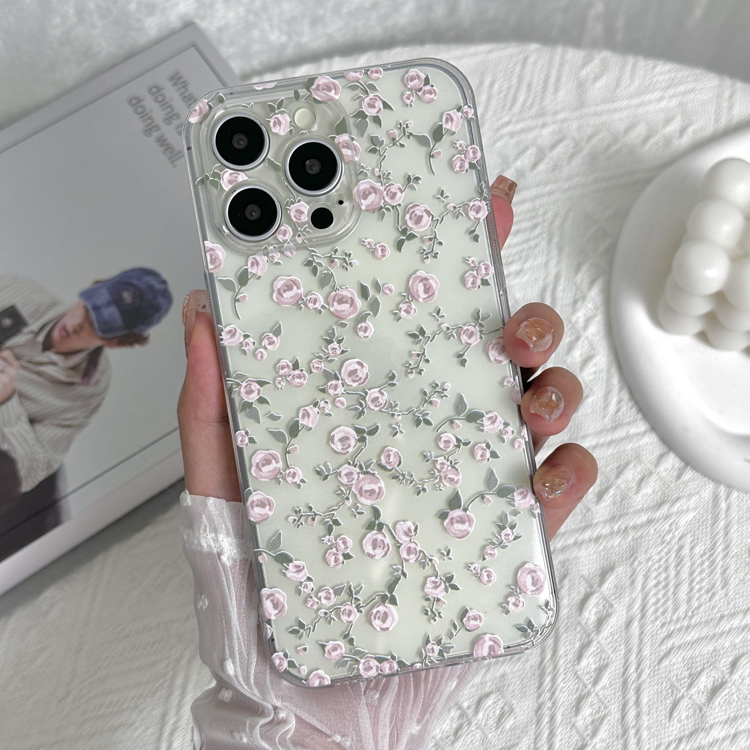 DYFYFKDI Floral Case for iPhone 15 Pro Cute Flower Rose Pattern Clear Aesthetic Vintage Girls Women,Oil Flowers Girly Trendy Slim Fit TPU Shockproof