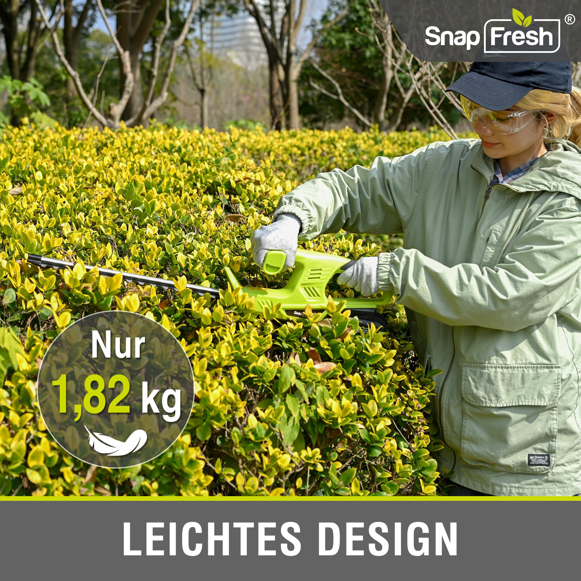 SnapFresh Akku-Heckenschere 20V, 45 cmSchnittlänge, Heckenschneider mit 2800SPM Doppelmesser aus Mn65 Stahl, Leichte Heckenschere für Hecken, Sträucher & Gartenarbeit, 2,0Ah Akku & Ladegerät Inklusive