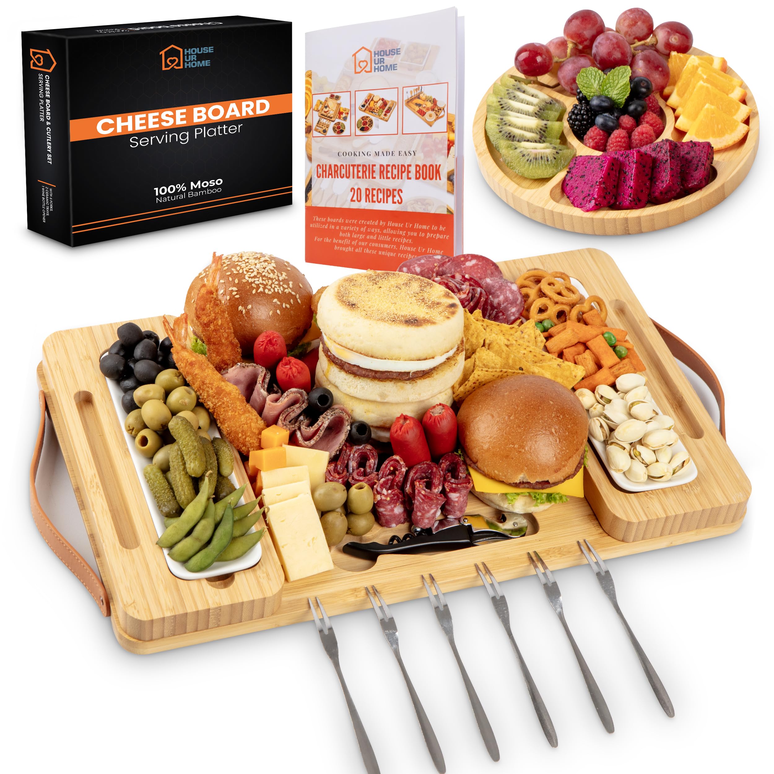 Bamboo Charcuterie Board Gift Set with Magnetic Removable Side Trays and Fruit Tray, Large Serving Platter with Handles, Valentine’s Day Gift for Couples, Housewarming and New Home Gifts