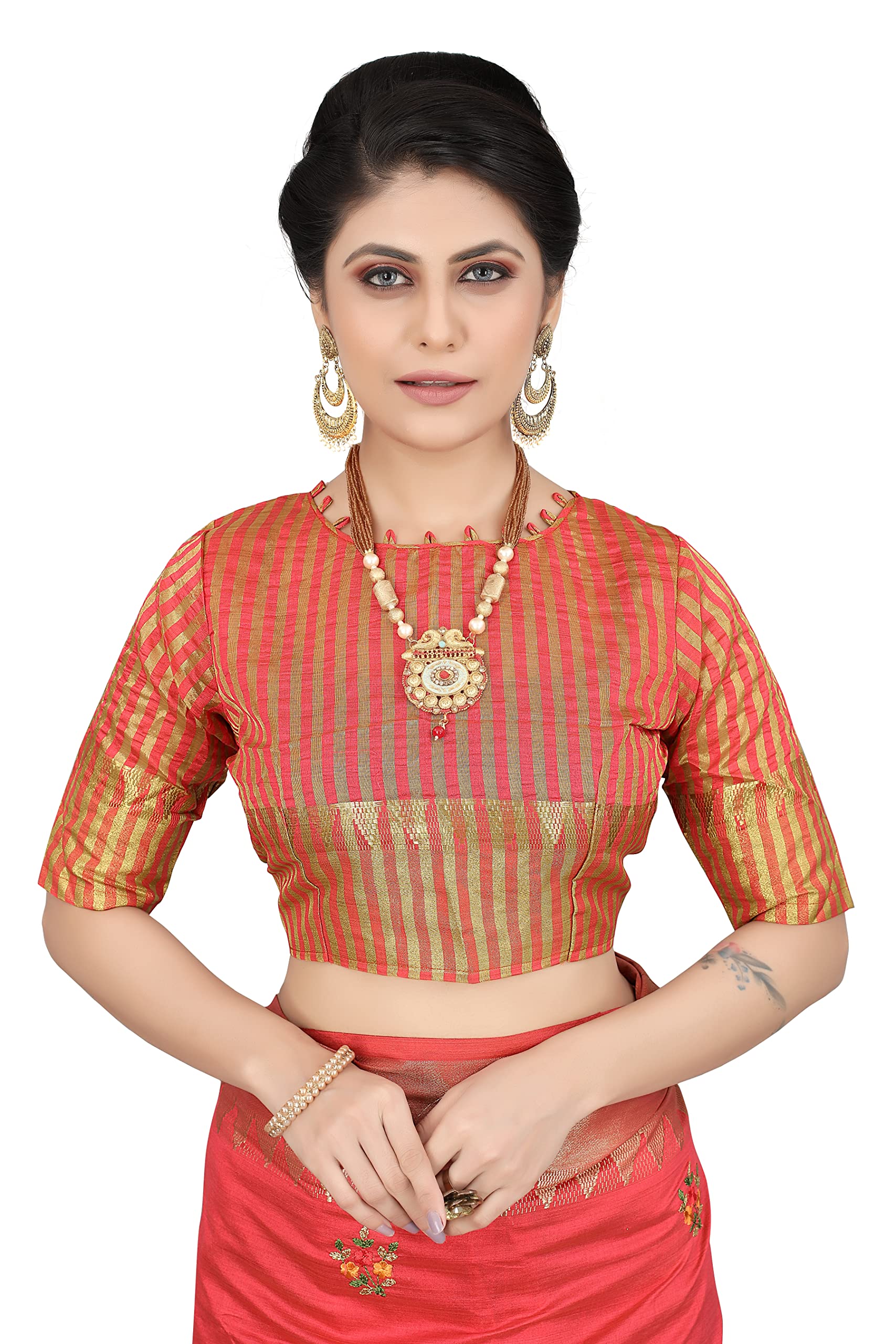 SERONA FABRICS Women's Assam Cotton Silk With Golden Border Thread Embroidered Work Saree With Blouse Piece - Image 5 thumbnail