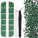 One Pack 2000 Pcs of Flatback Round Dark Green Rhinestones 6 Sizes (1.5-6 mm) with Nail Art Rhinestone Picker Pencil and Tweezers for DIY and Salon Use
