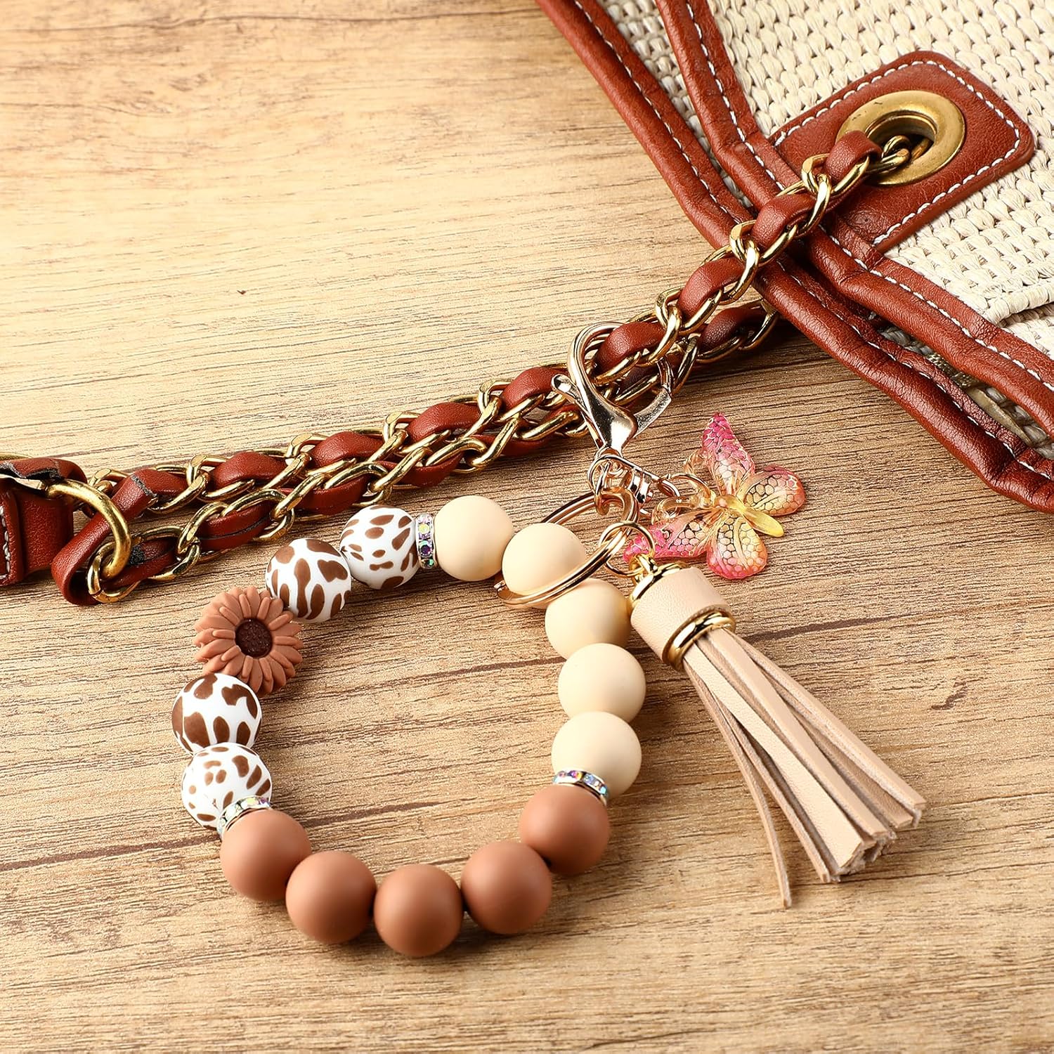 Cute Silicone Beaded Keychain,Key Chain Holder for Car Keys Women Girl,Daisy Silicone Key Wristlet Resin Butterfly - Image 6