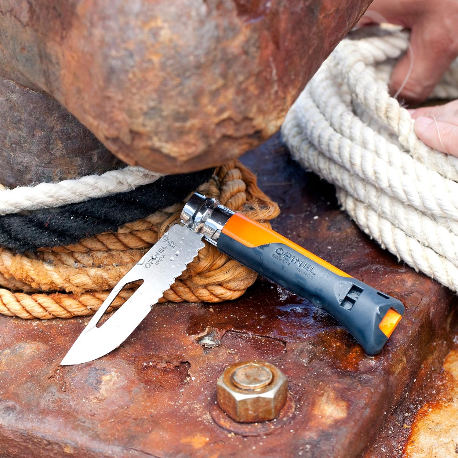OPINEL No. 08 Outdoor Folding Knife + Multitool - Partially Serrated Stainless Steel Blade, Nonslip Handle, Survival Whistle, Shackle Key (Orange)