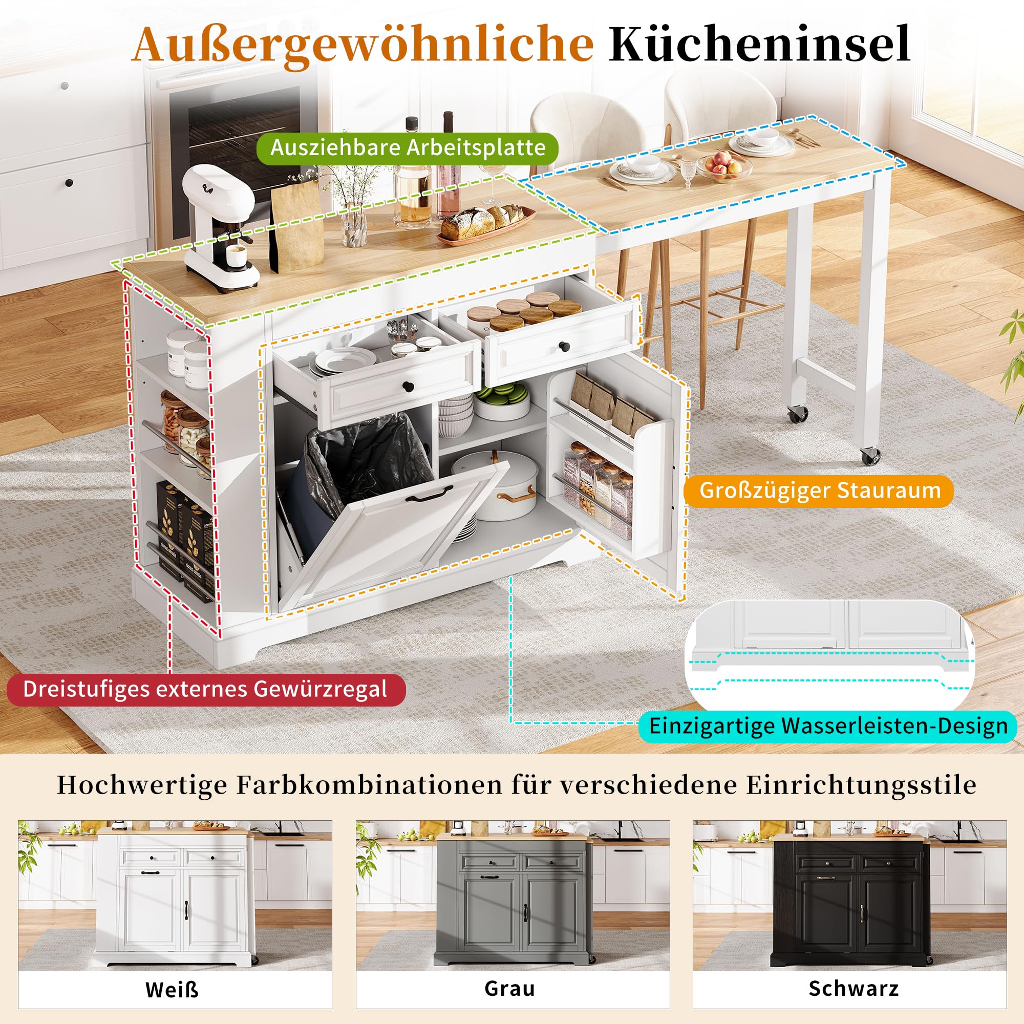 Isola da cucina mobile su ruote, con piano di lavoro estraibile (112-180 cm), vano pattumiera, cassetti, scaffale, bianco