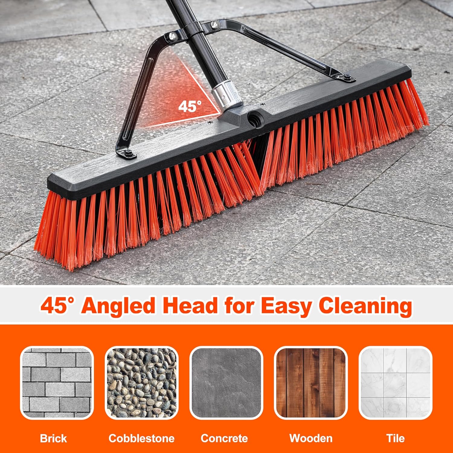 JEHONN 24” Wide Push Broom Outdoor Heavy Duty with 63 inches Long Handle, Stiff Bristle Commercial Industrial Brush for Garage Warehouse Shop Garden Patio Deck Yard Street (Red)