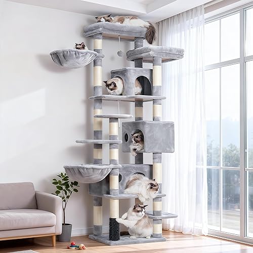 Hey-brother Cat Tree, 74 inches Multi-Level XL Large Cat Tower for Indoor Cats with Three Cat Condos, Two Large Top Decks and Cat Hairbrushfor Kittens, Cats and Pets, Light Gray MPJ035-MW