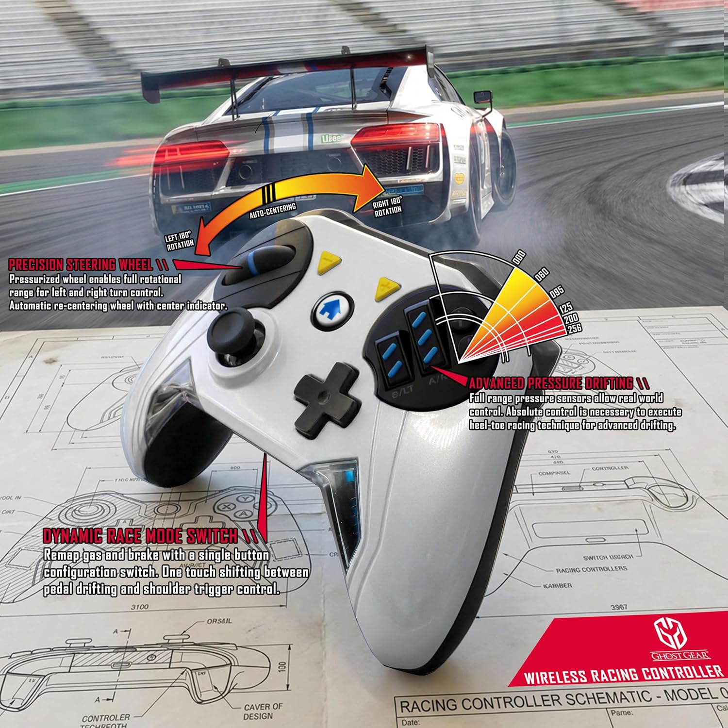 GHOST GEAR Wireless Racing Controller for Nintendo Switch 2 & Switch & PC (Windows 10+), Dual Pressurized Pedals, Precision Rotational Steering Wheel, Custom Button Mapping, Interchangeable Magnetic Faceplates (Black/White)