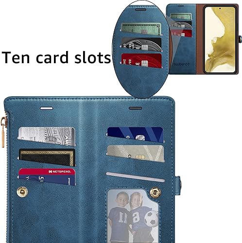 Miniatura 5 de SUANPOT Funda tipo cartera para iPhone 14 de 6.1 pulgadas con bloqueo RFID, 9 ranuras para tarjetas, bolsillo, tarjetero con tapa y cremallera, de