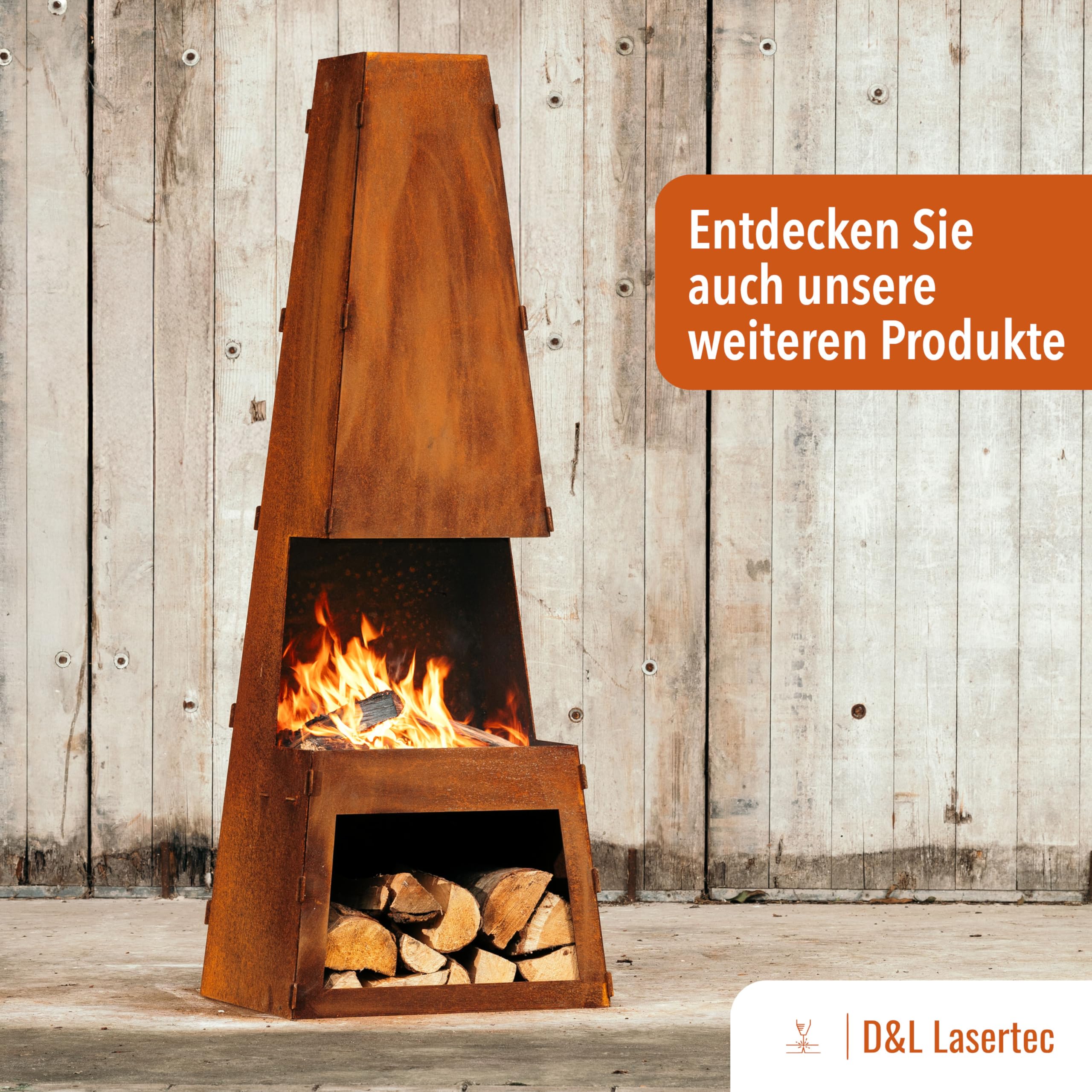 D&L Lasertec Modernes Brennholzlager aus Edelrost, 3 mm Stahl, stabil, leicht zusammenzustecken