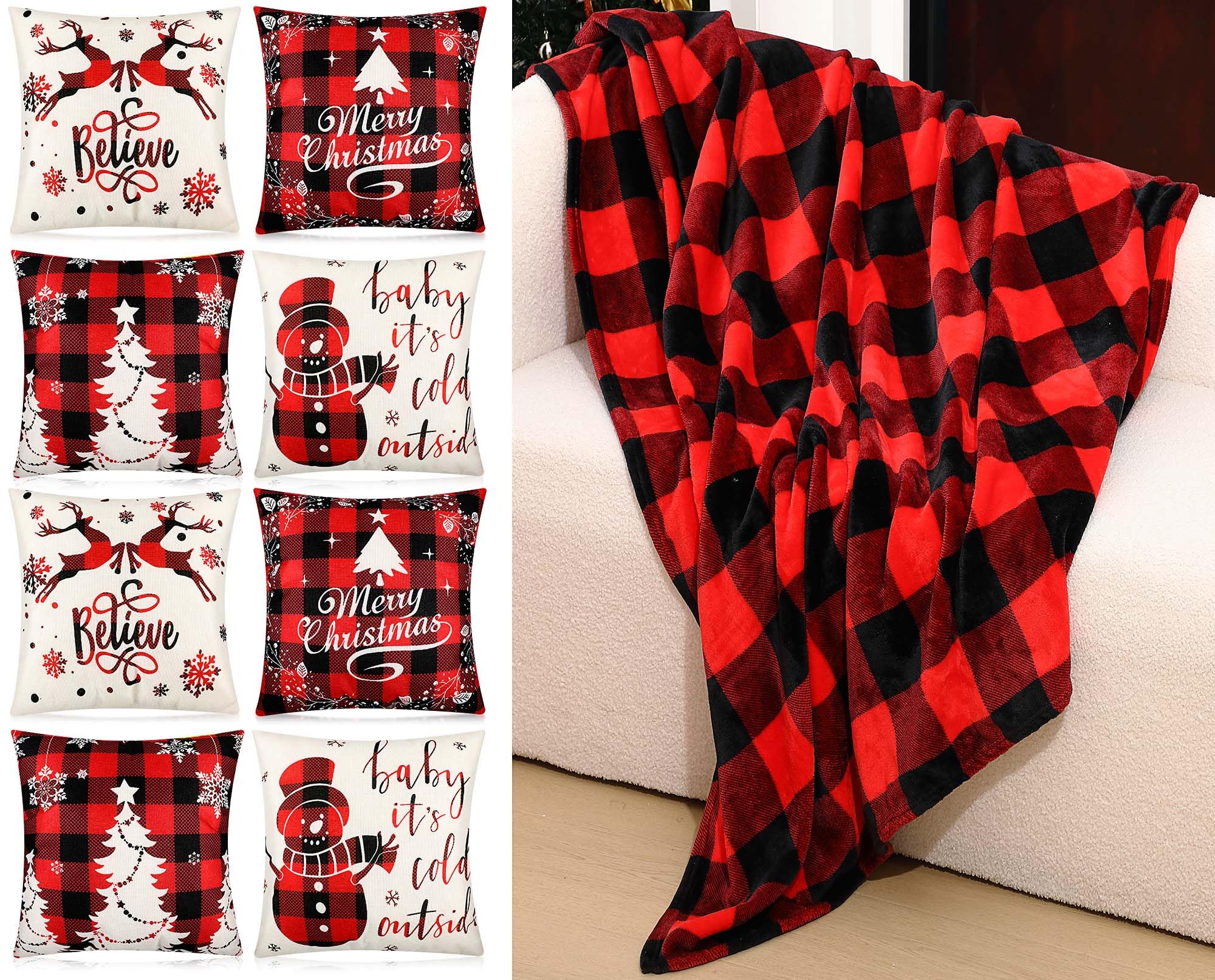 Manta de sofá de franela roja con fundas de almohada de Navidad para hogar