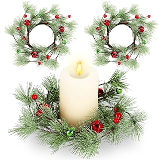 2 Pcs Christmas Candle Rings Wreaths 4 Inch Center Berry and Jingle Bells Candle Rings Wreaths for Pillars Candles Holder for Christmas Xmas Holiday Table Centerpiece Seasonal Home Decoration