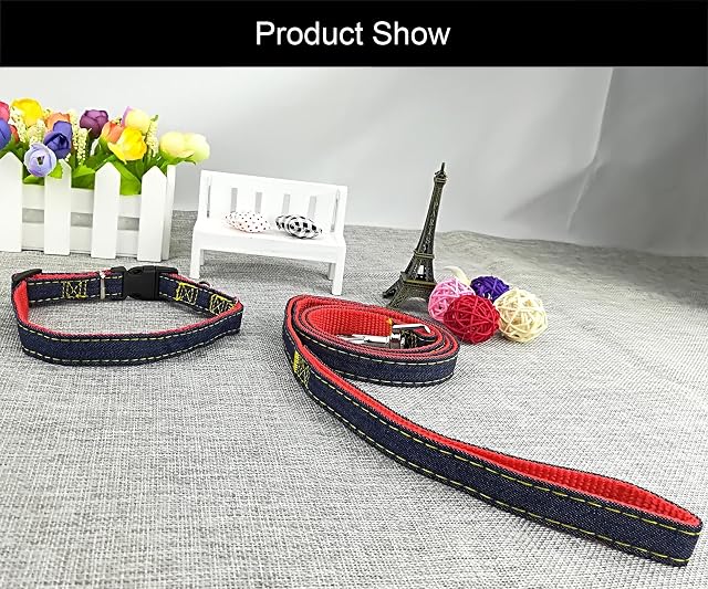 Foto 4 de 7 de Newtensina Moda Perro Collar y Correa Set Tela de Mezclilla Perrito Collar con Correa para Perro - Red - S