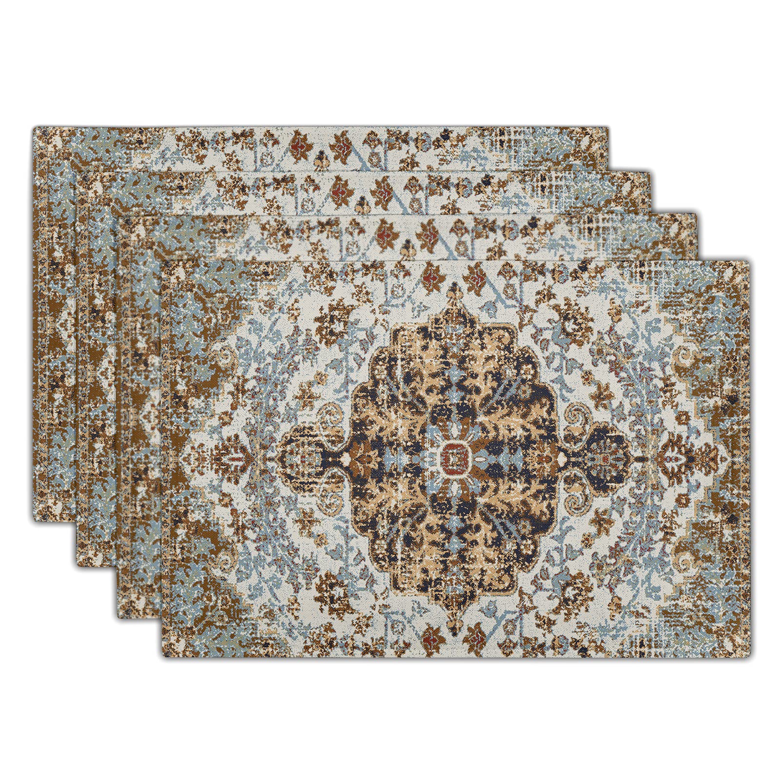 aportt Ethnic Boho Placemats Set of 4 Bohemian Carpet Vintage Black Teal Grey Floral Linen Washable Kitchen Dining Table Mats Stain Heat-Resistant Desktop Decor Place for Home Party Indoor 12x18 in — image 1