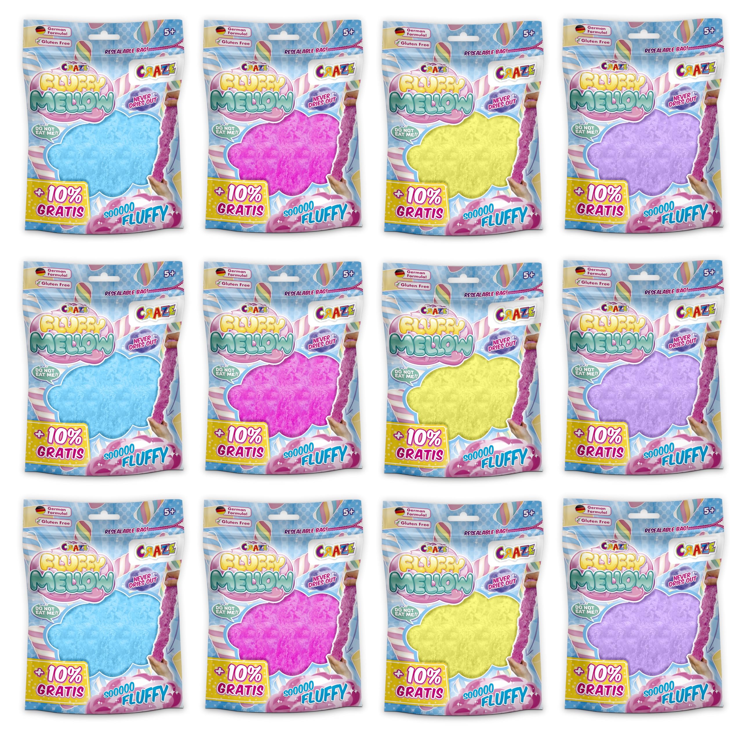 Craze Fluffy Mellow 12er Set - Knetmasse im Zipbeutel, 12x 25g luftige weiche Kinderknete mit Aroma, 4X Farbvarianten