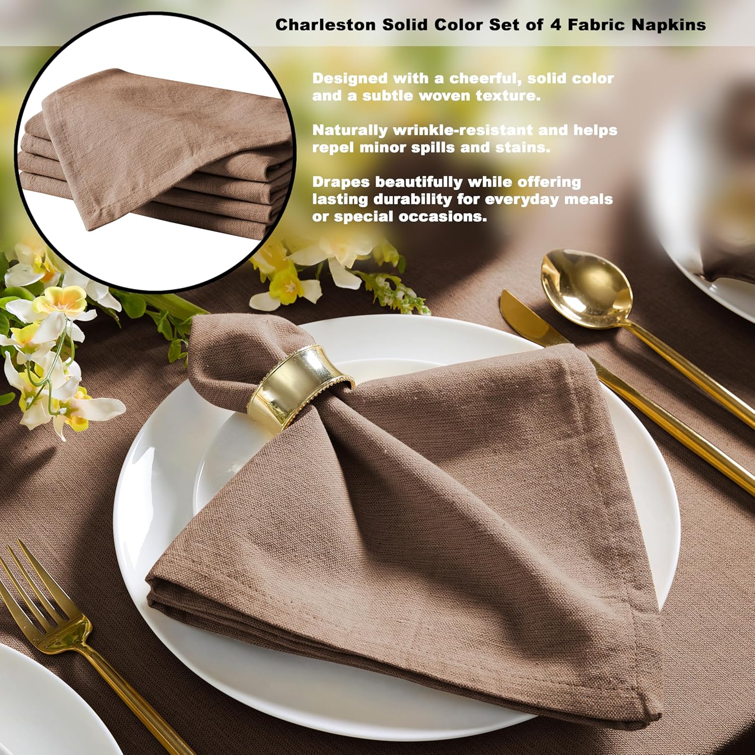 Home Bargains Plus Charleston Nut Brown 70 inch Round Fabric Tablecloth, Cotton Table Cover for Indoor Outdoor Dining, Machine Washable Solid Color Tablecloths for Everyday Use