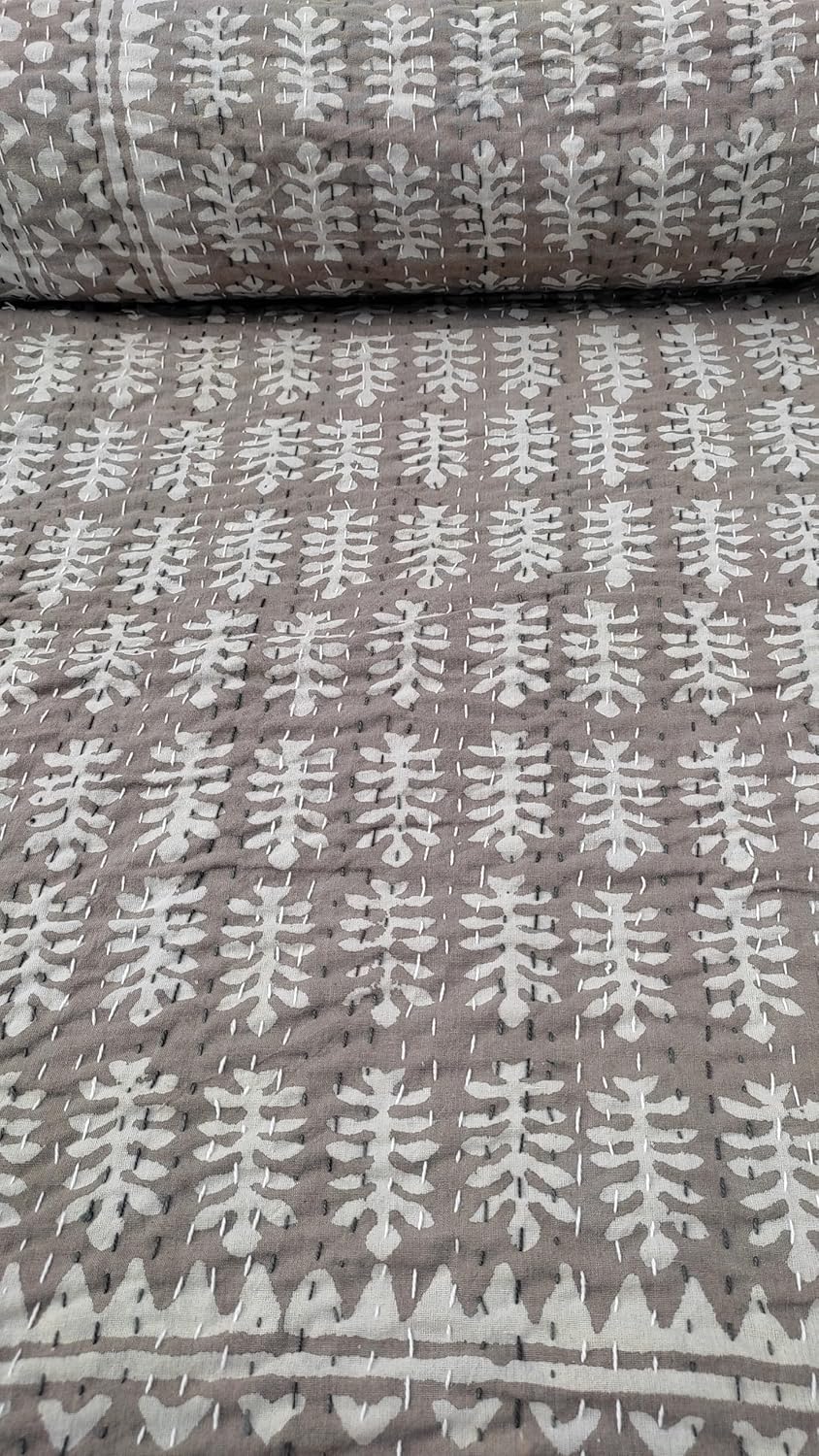 Handmade Brown Kantha Quilt – 100% Cotton Blanket with White Hand Block Print – Lightweight Throw for All Seasons – Boho Bedding (KQ-Beige-Color, Queen (90X108), Bohemian/Indian Folk)