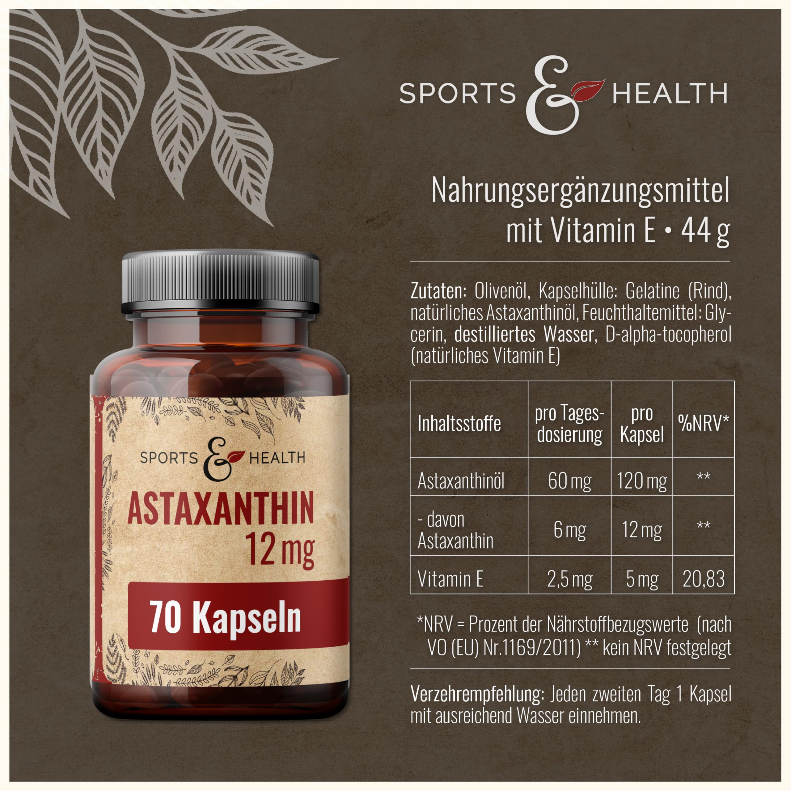 Astaxanthin 12 mg Depot Softgel Kapseln mit Oxidationsschutz - 4 Monatsvorrat - Gel Caps - Mit Vitamin E (70 Kapseln)