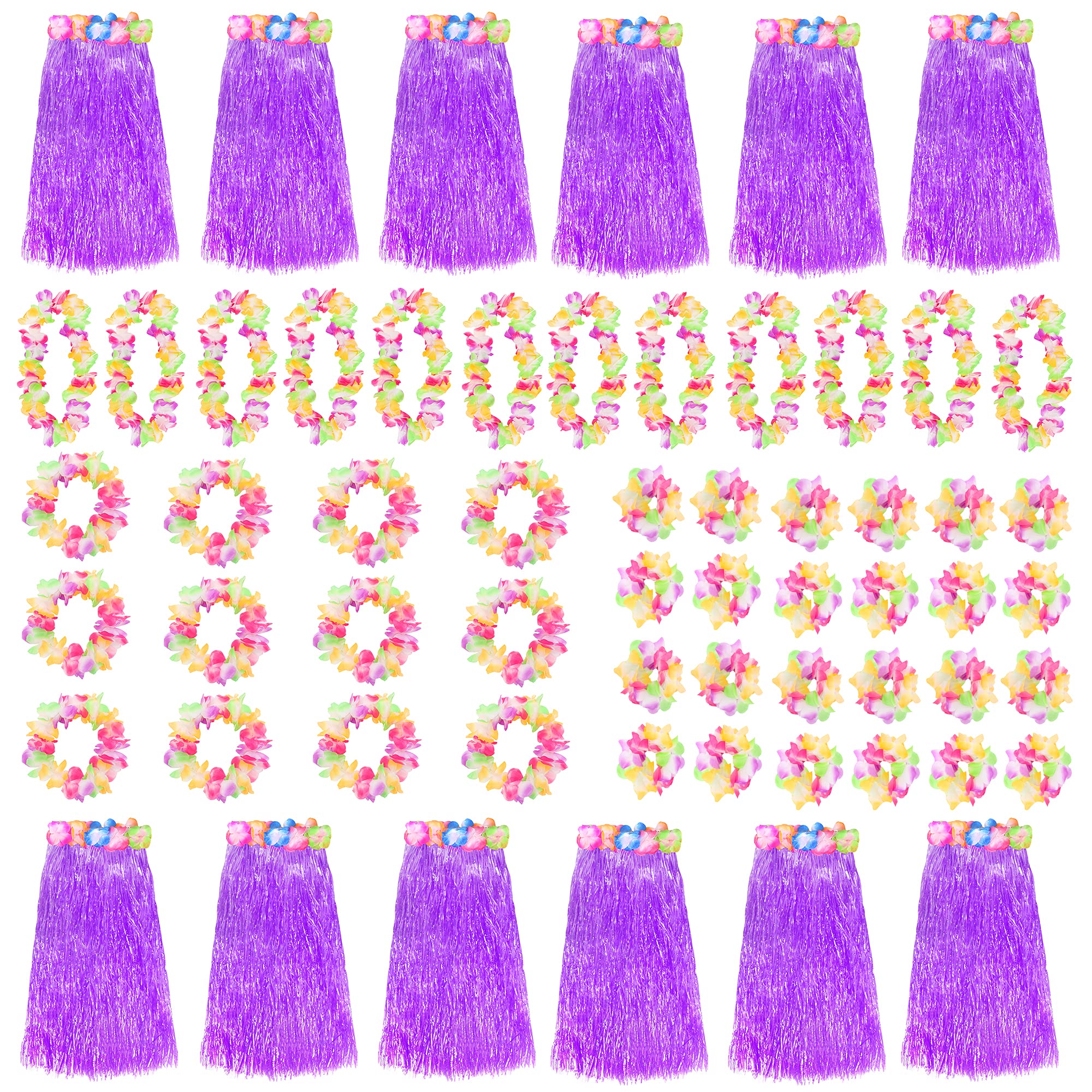 Purple Hawaiian Hula Skirt and Multicoloured Lei Set X12 - Flower Necklace, Headband and Bracelet - 80cm Grass Hula - Luau - Fancy Dress Costume Accessory
