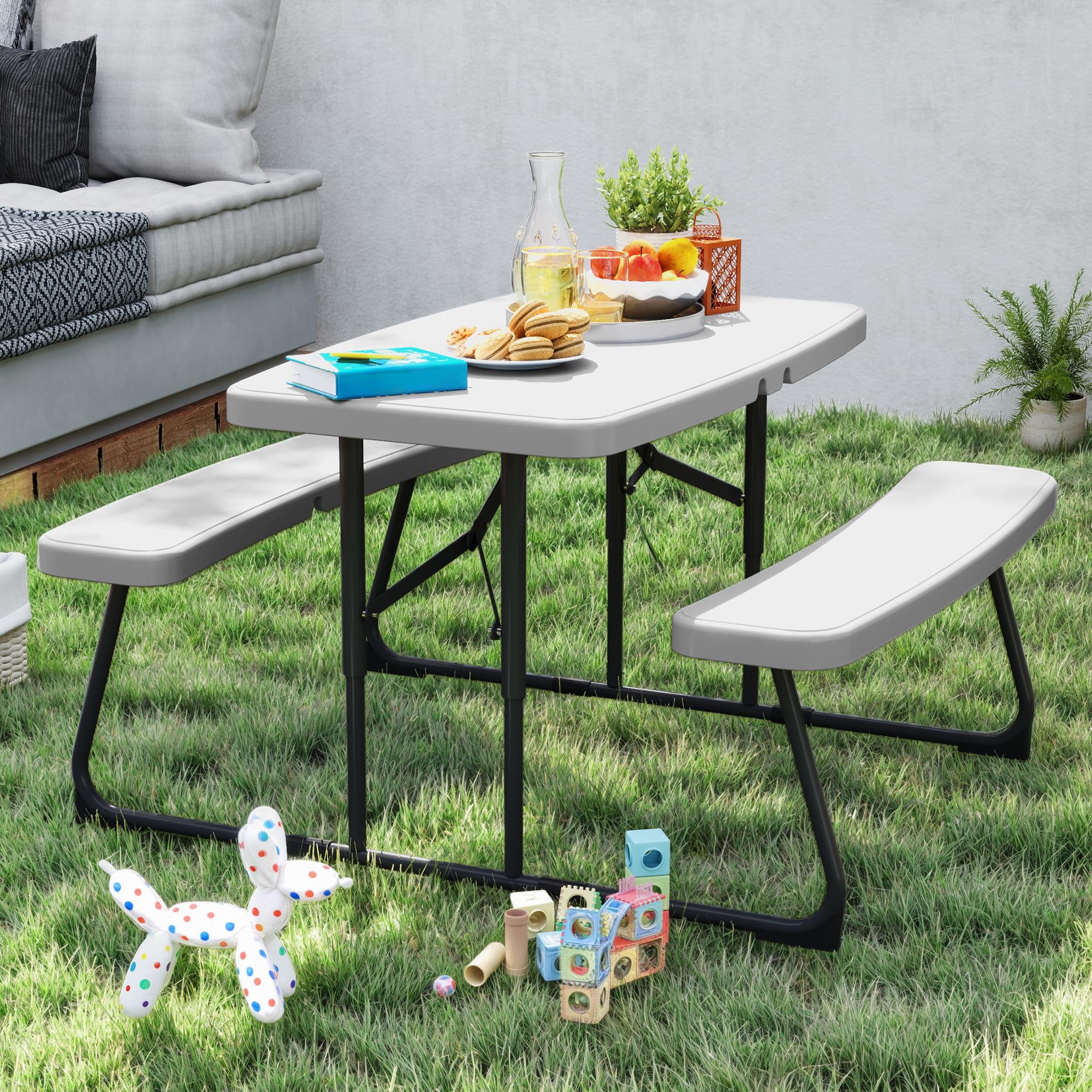 DWVO 37" Picnic Table, Folding Picnic Tables for Outdoors with Weather Resistant Resin Tabletop & Stable Steel Frame for Yard Patio Lawn Party, White